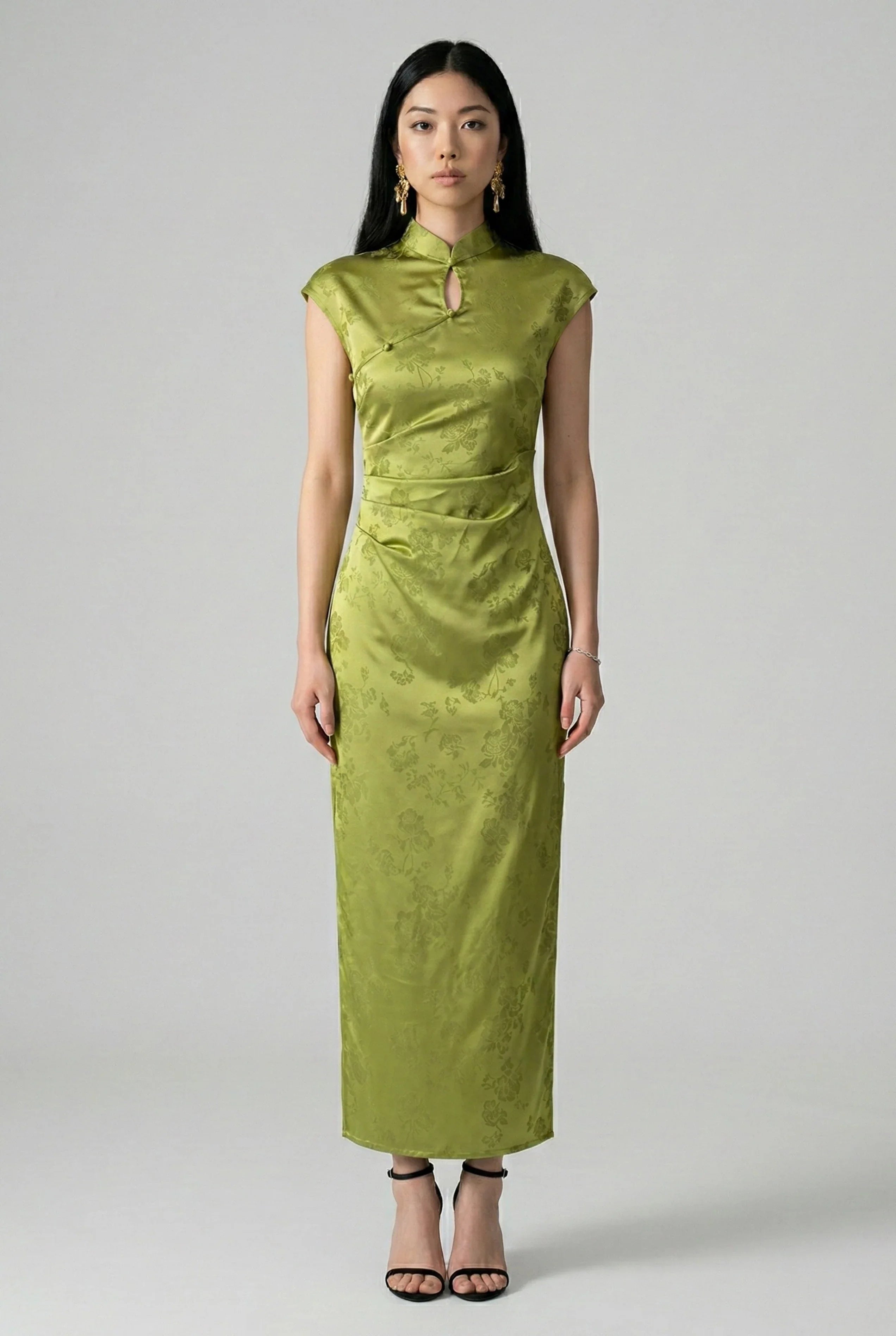 Maison Hua olive green floral jacquard qipao dress, full front view