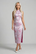 Sleeveless pink floral modern qipao by Maison Hua, full front view
