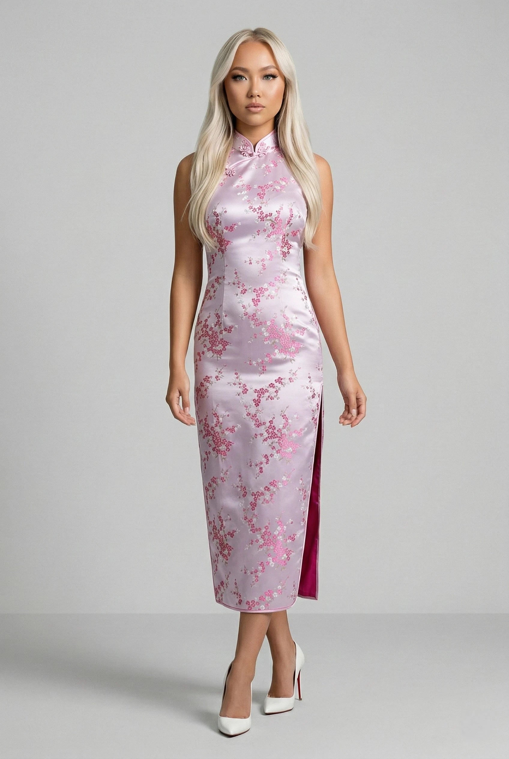 Sleeveless pink floral modern qipao by Maison Hua, full front view