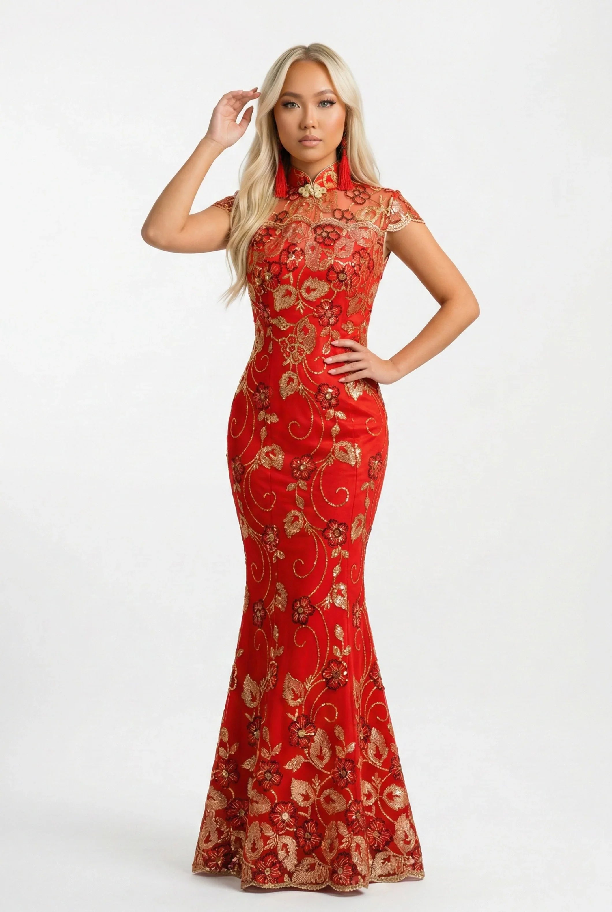 Full-length red and gold bridal cheongsam in mermaid silhouette