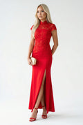 Maison Hua red lace modern qipao dress with side slit