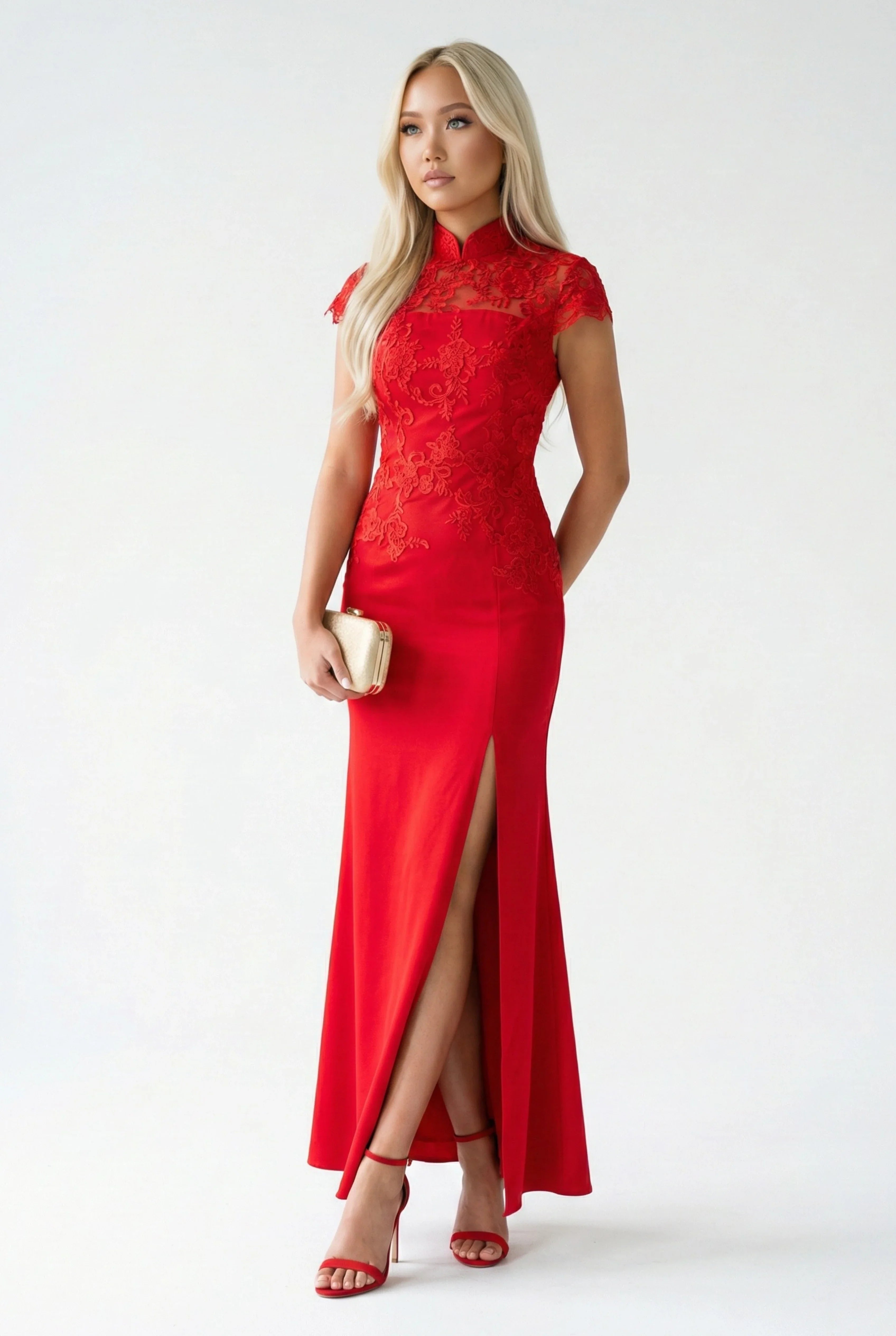 Maison Hua red lace modern qipao dress with side slit