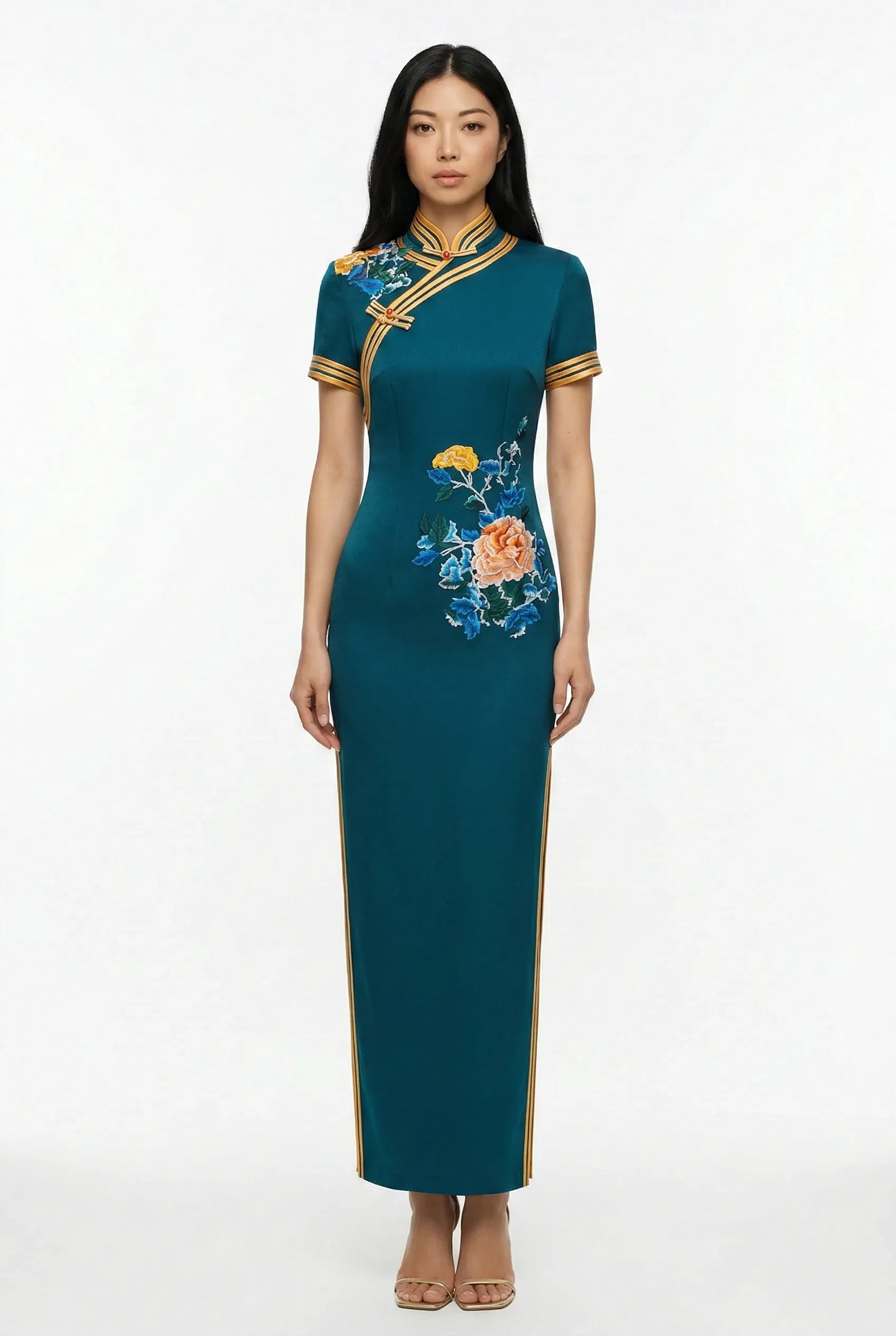 Maison Hua teal modern qipao with yellow trim and floral embroidery