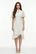 Maison Hua white lace modern qipao with flared sleeves and high-low hem