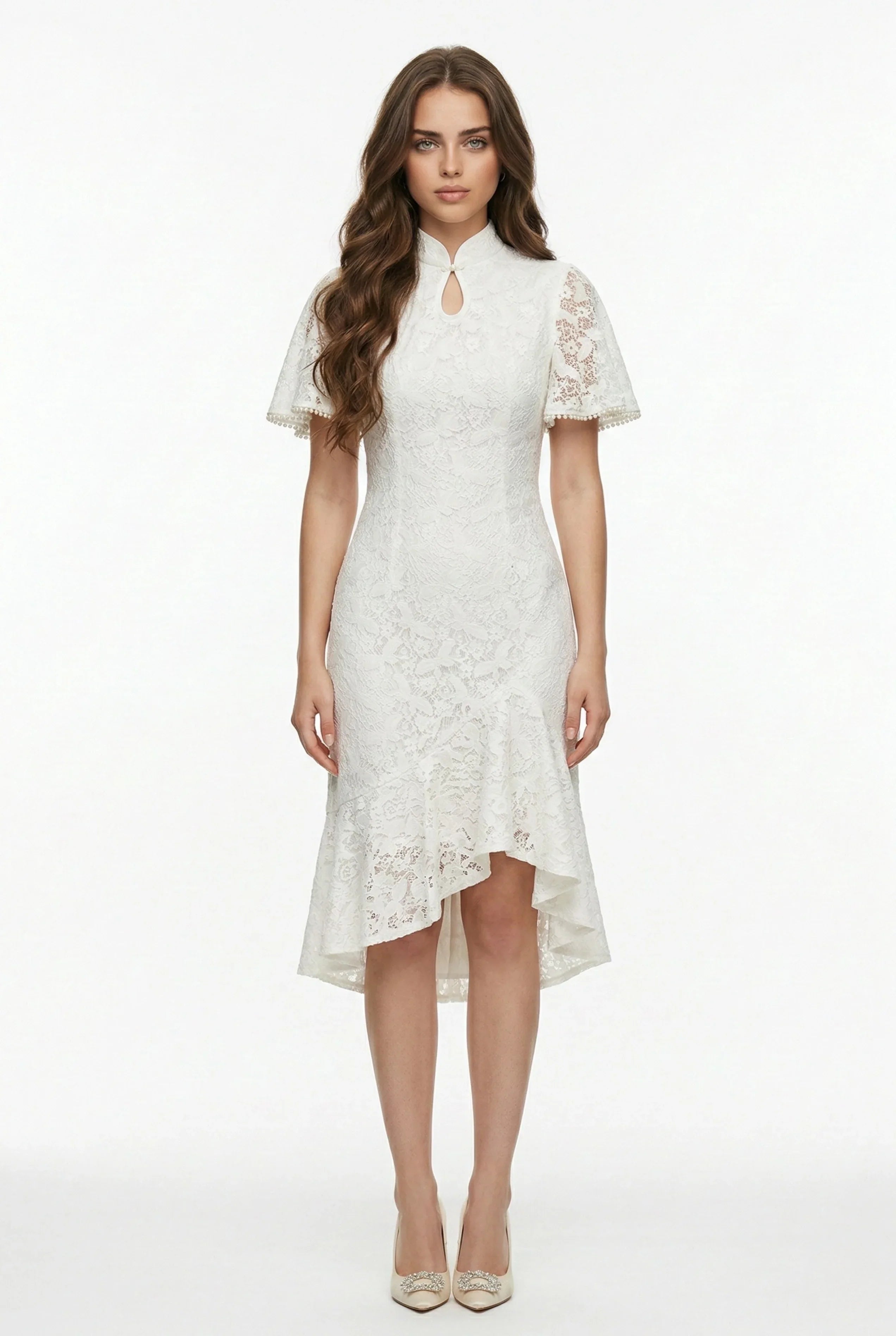 Maison Hua white lace modern qipao with flared sleeves and high-low hem