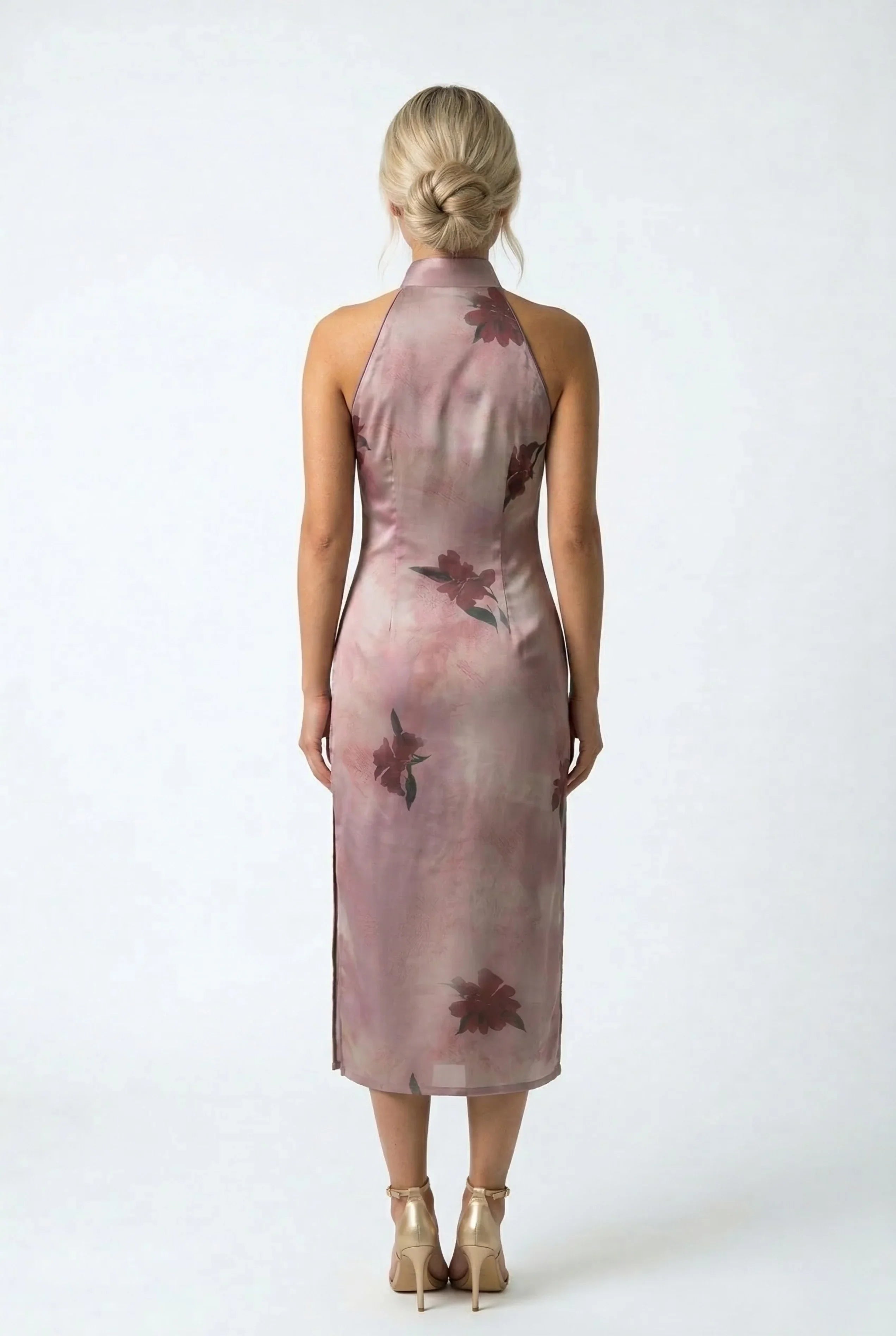 Back view of a midi-length mauve floral Cheongsam dress, showing the sleek halter-neck silhouette and form-fitting cut.