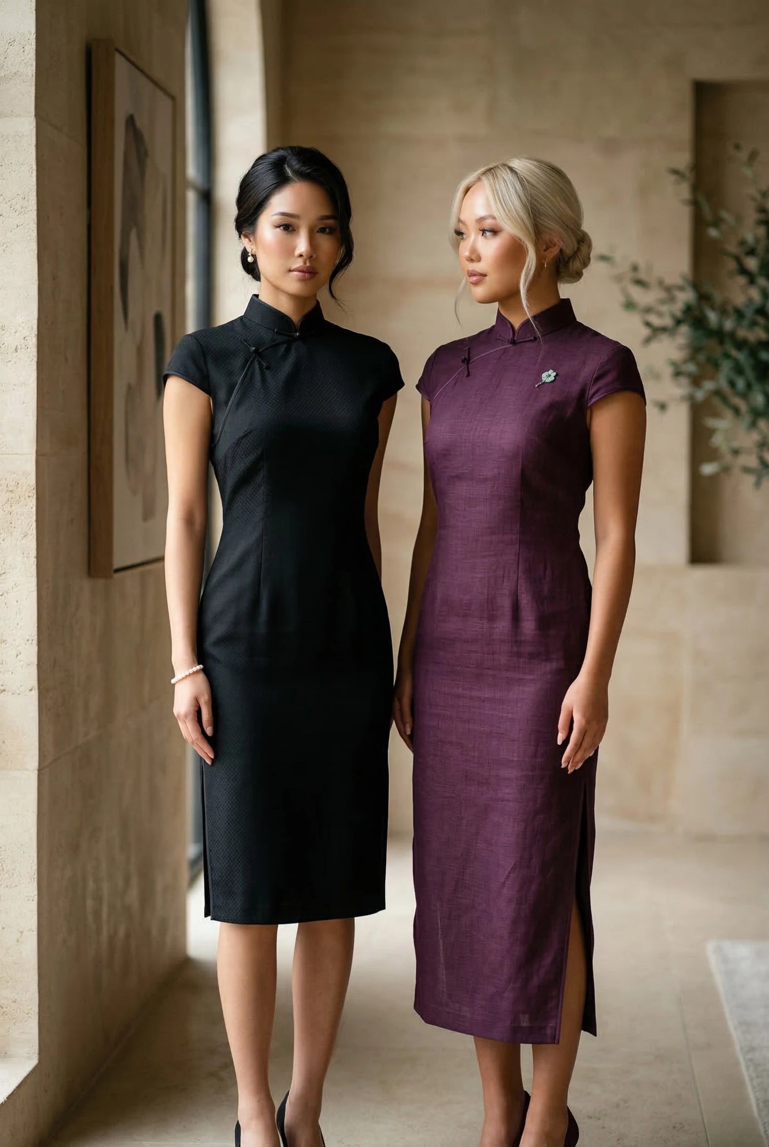 Two models wearing modern gala qipao in black and purple, showcasing versatile cuts and breathable textile blends for an international lifestyle by Maison Hua