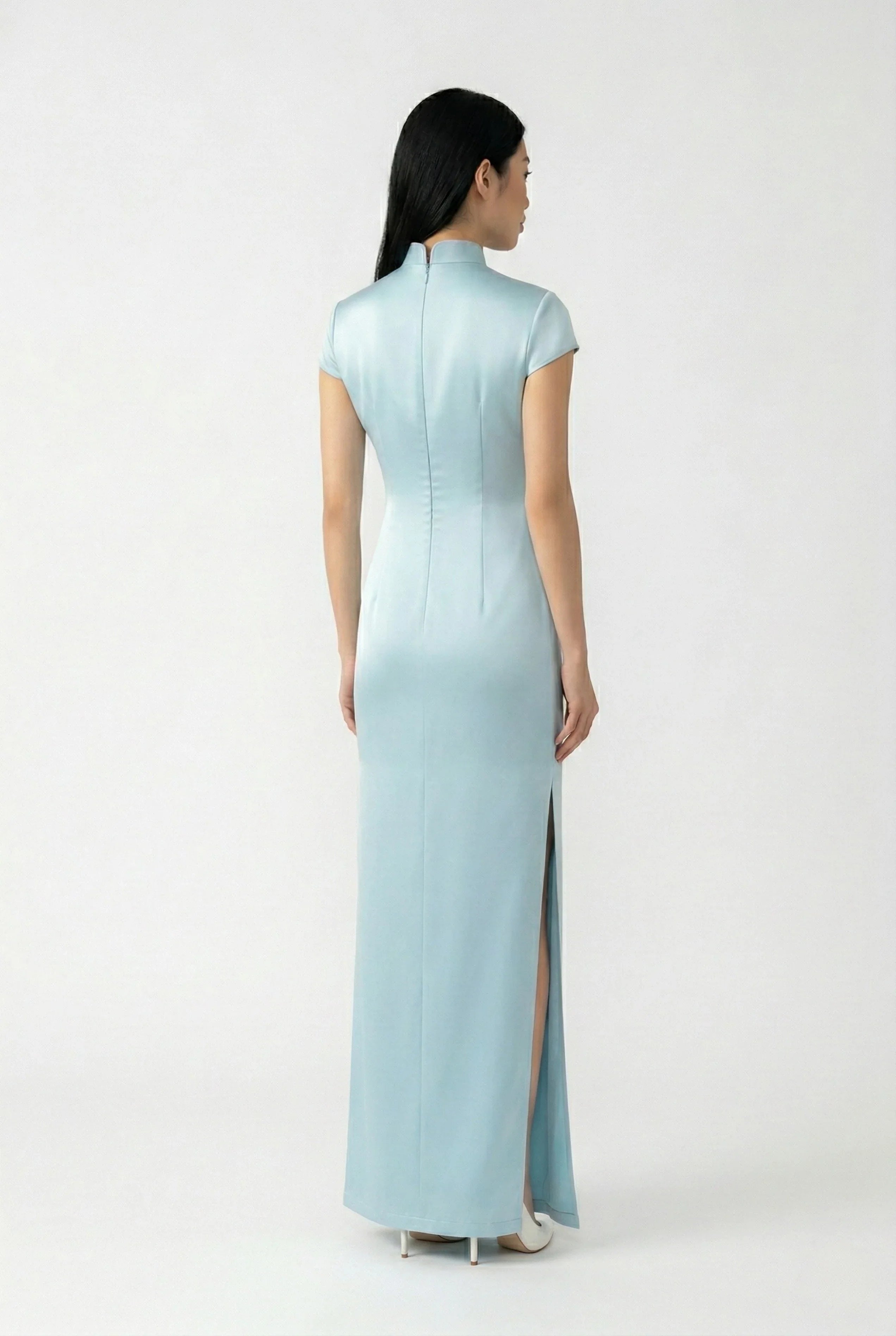 Maison Hua light blue silk cheongsam, back view showing high slit