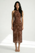 Front view of a modern brown qipao dress.