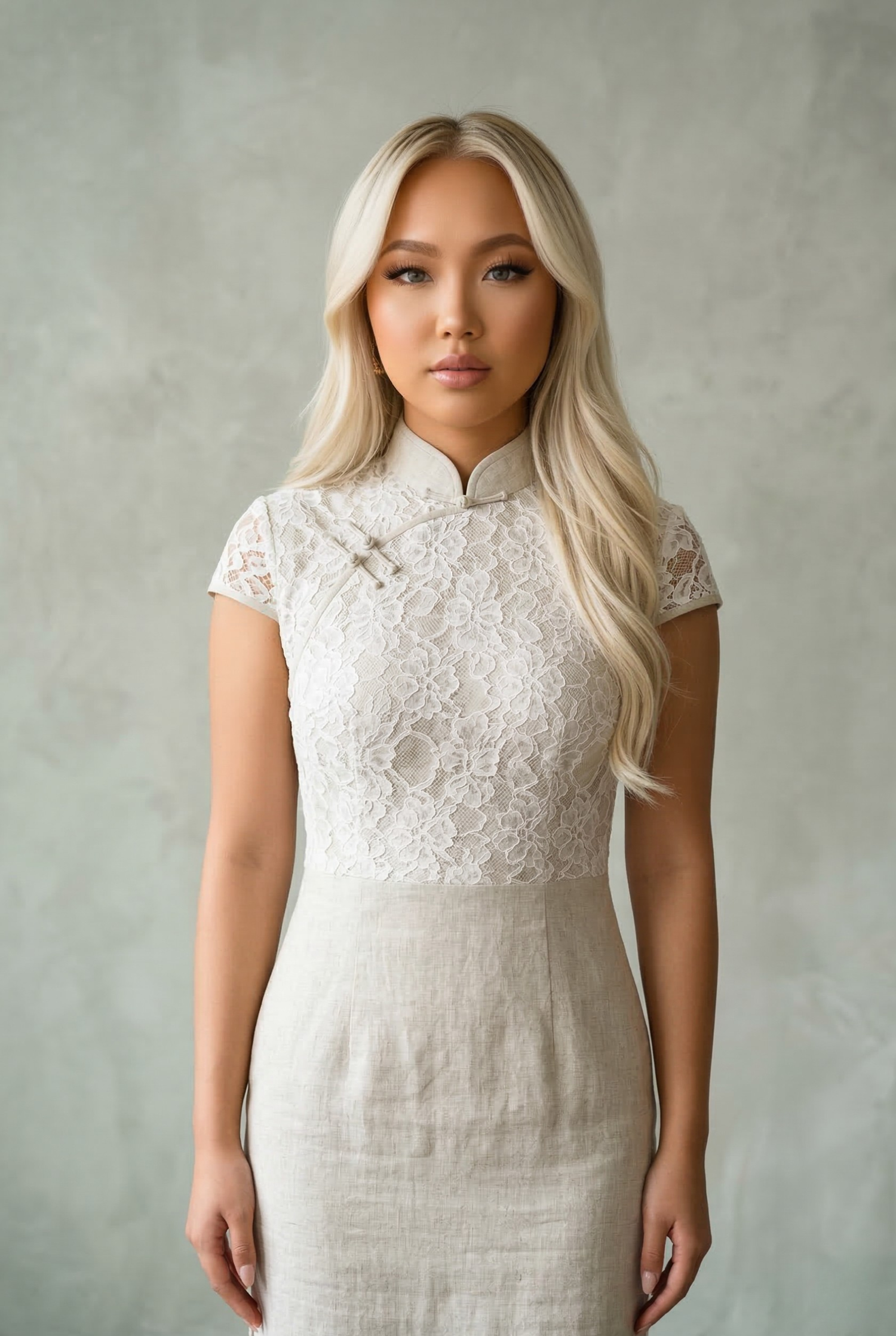 Modern white cheongsam dress featuring experimental lace and breathable linen fabrics for a reimagined heritage look