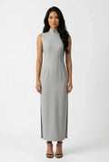 Full-length front view of a modern sleeveless grey Qipao dress with a minimalist textured fabric and side slits.