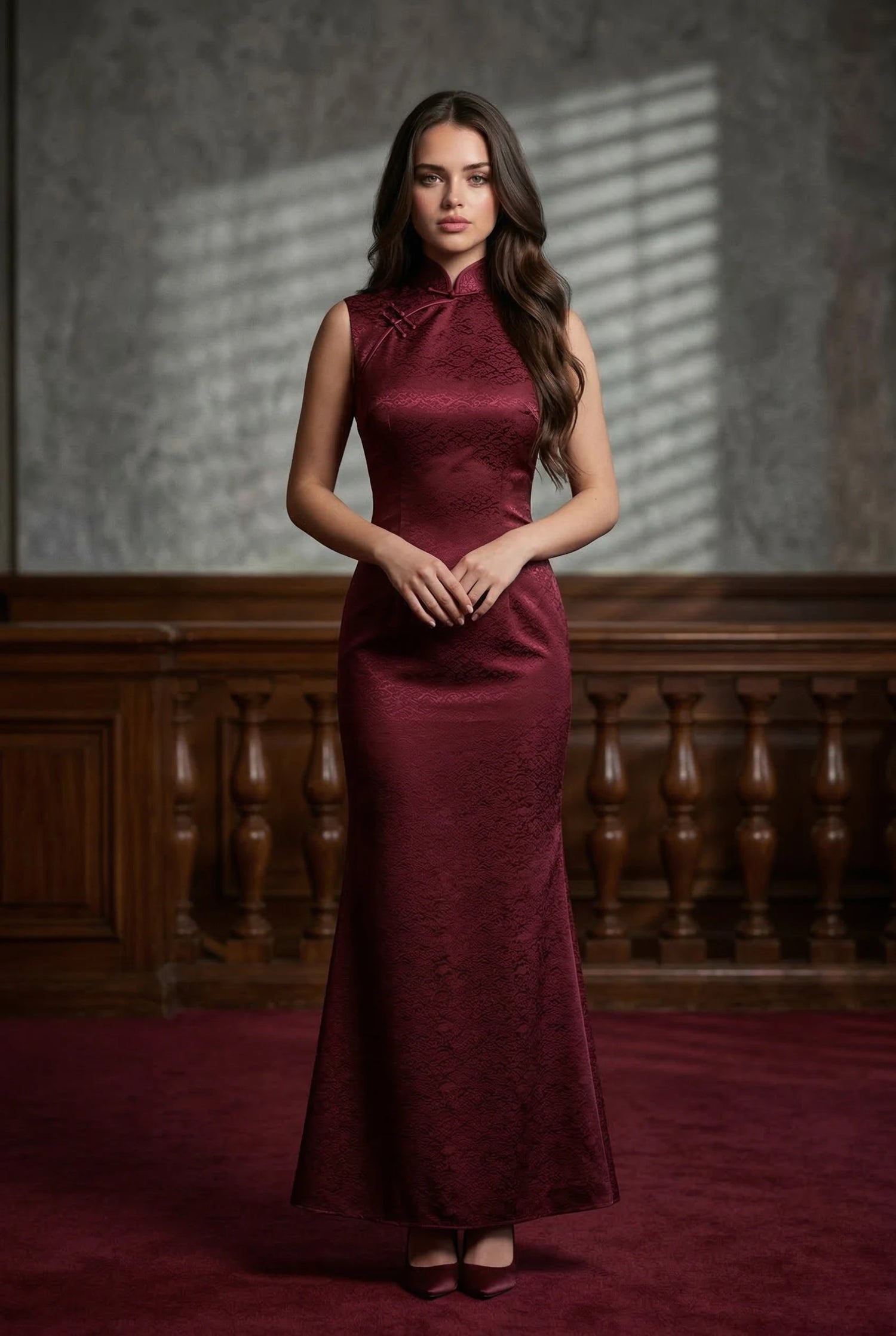 Modern maroon silk and brocade qipao prom dress by Maison Hua, featuring a reinforced high Mandarin collar and a durable silhouette for formal events