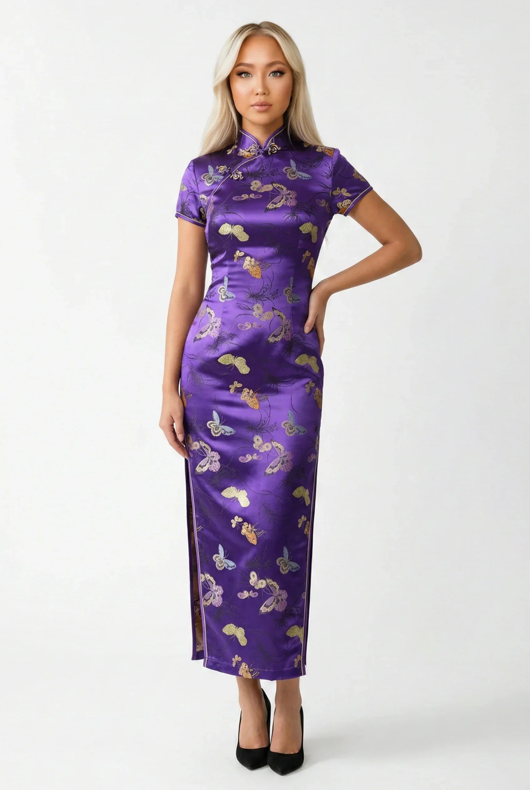 Maison Hua modern purple qipao with gold butterflies, front view