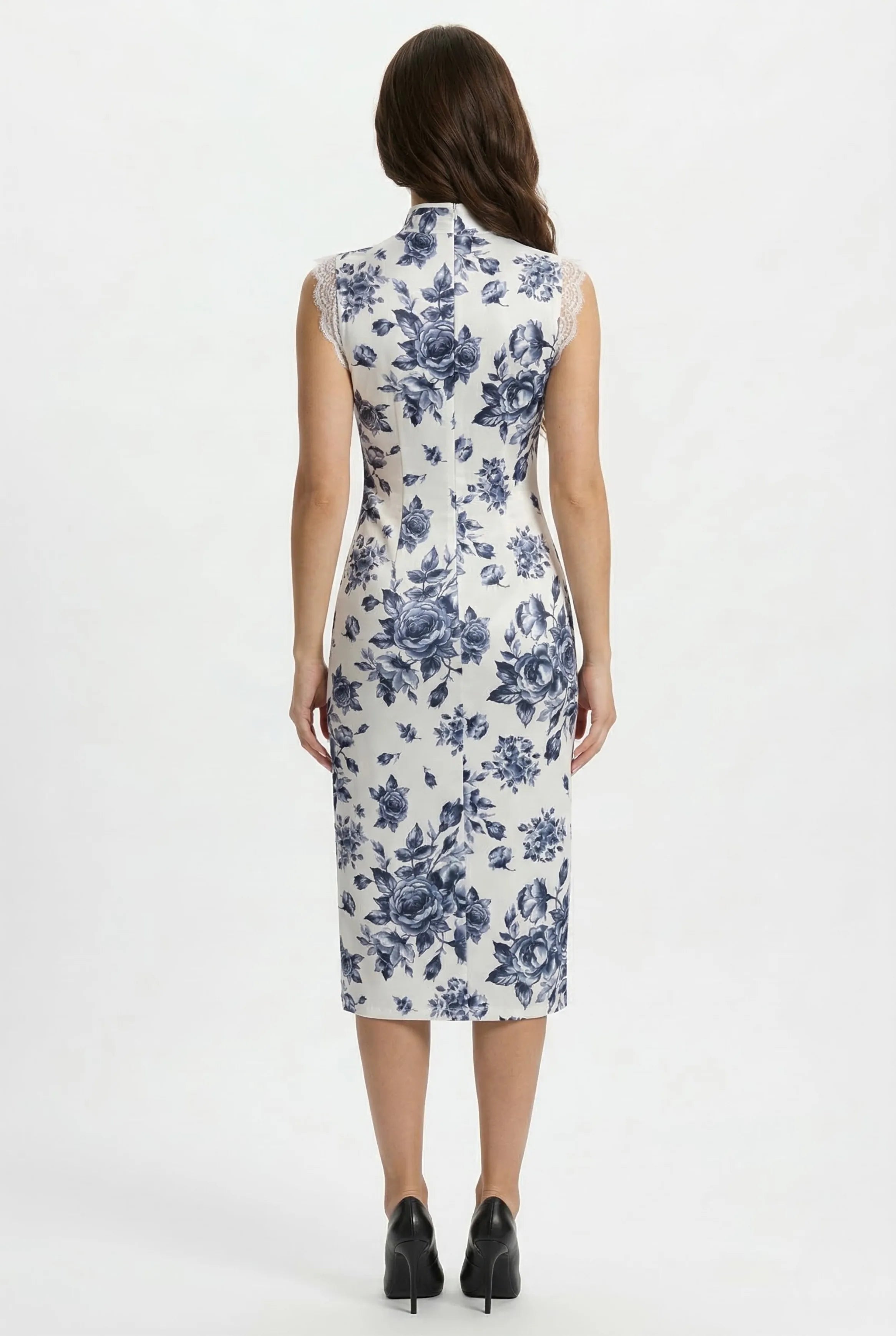 A three-quarter view of a luxury deep purple silk Qipao, showcasing the full silhouette, traditional mandarin collar, and the contrast of the sheer sleeves.
