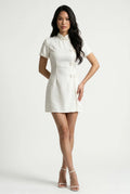 Full-length front view of a modern white Qipao-style romper with pearl trim and short sleeves.
