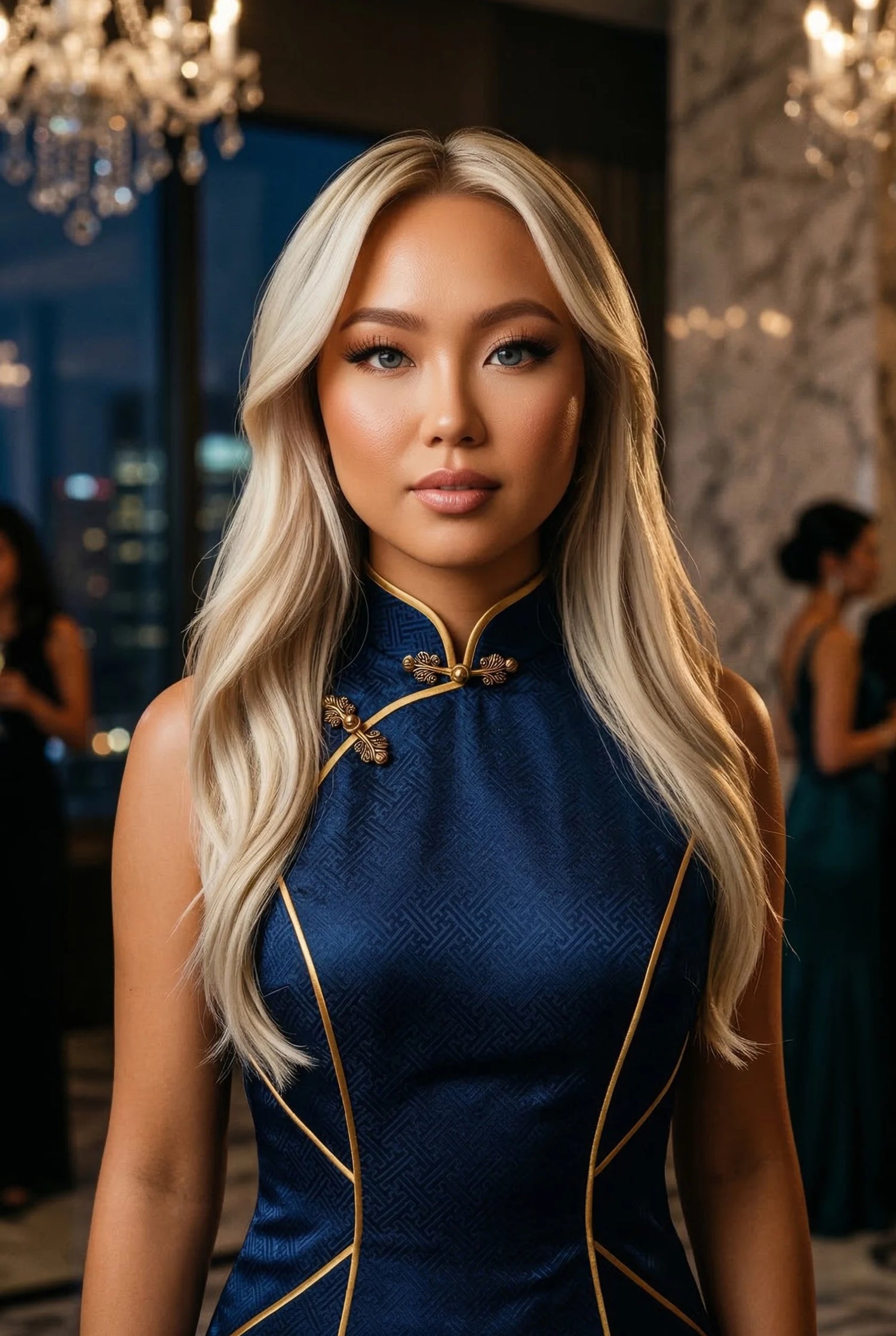 Navy blue gala qipao with gold bias-cut piping and hand-finished Pankou buttons, illustrating the geometric complexity of chinese prom dresses by Maison Hua