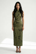 Full-length front view of an olive green Qipao dress with a sleeveless halter-neck and delicate butterfly print.