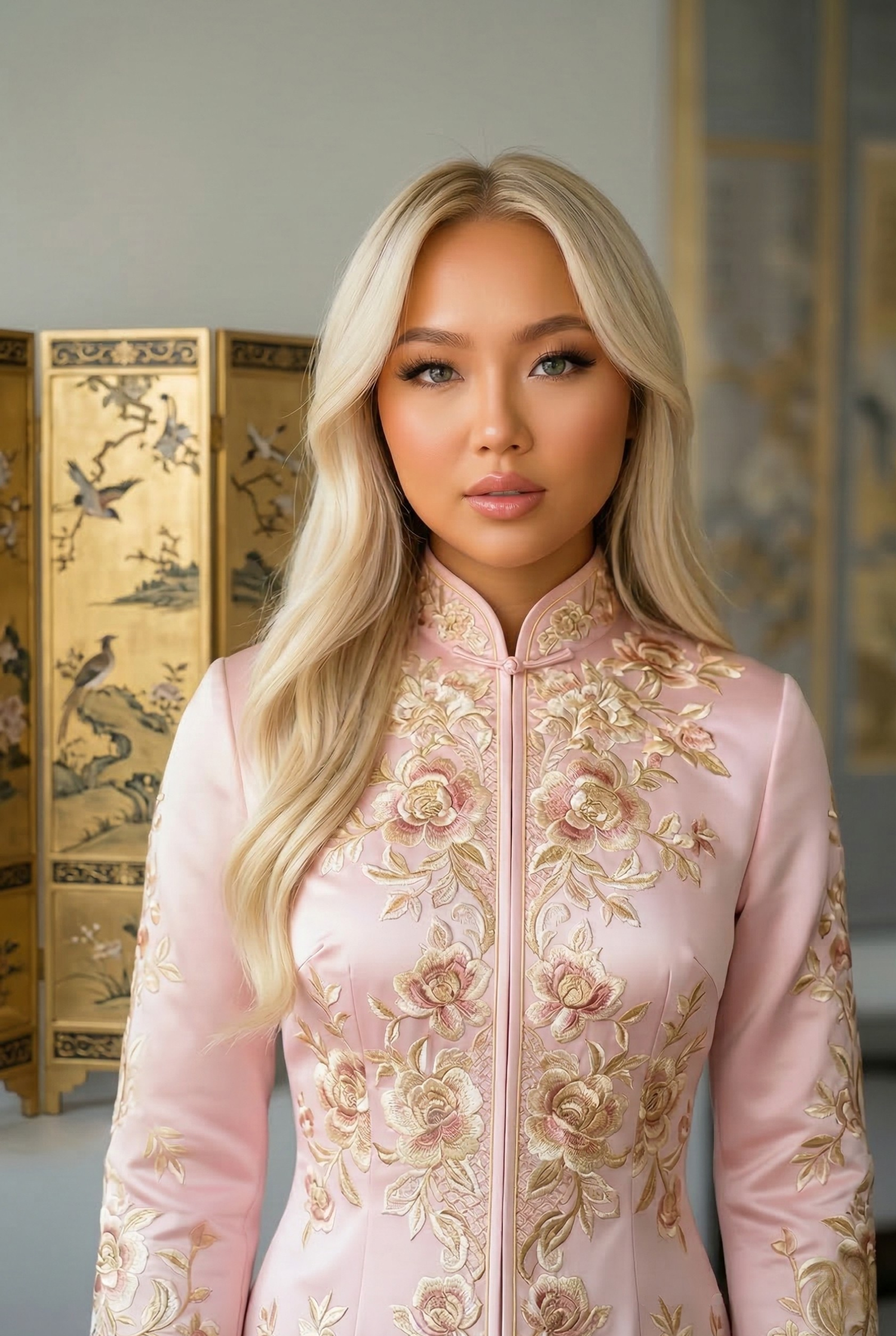 Light pink royal Chinese princess dress with intricate gold floral embroidery and high-density silk, inspired by historical Chinese courts