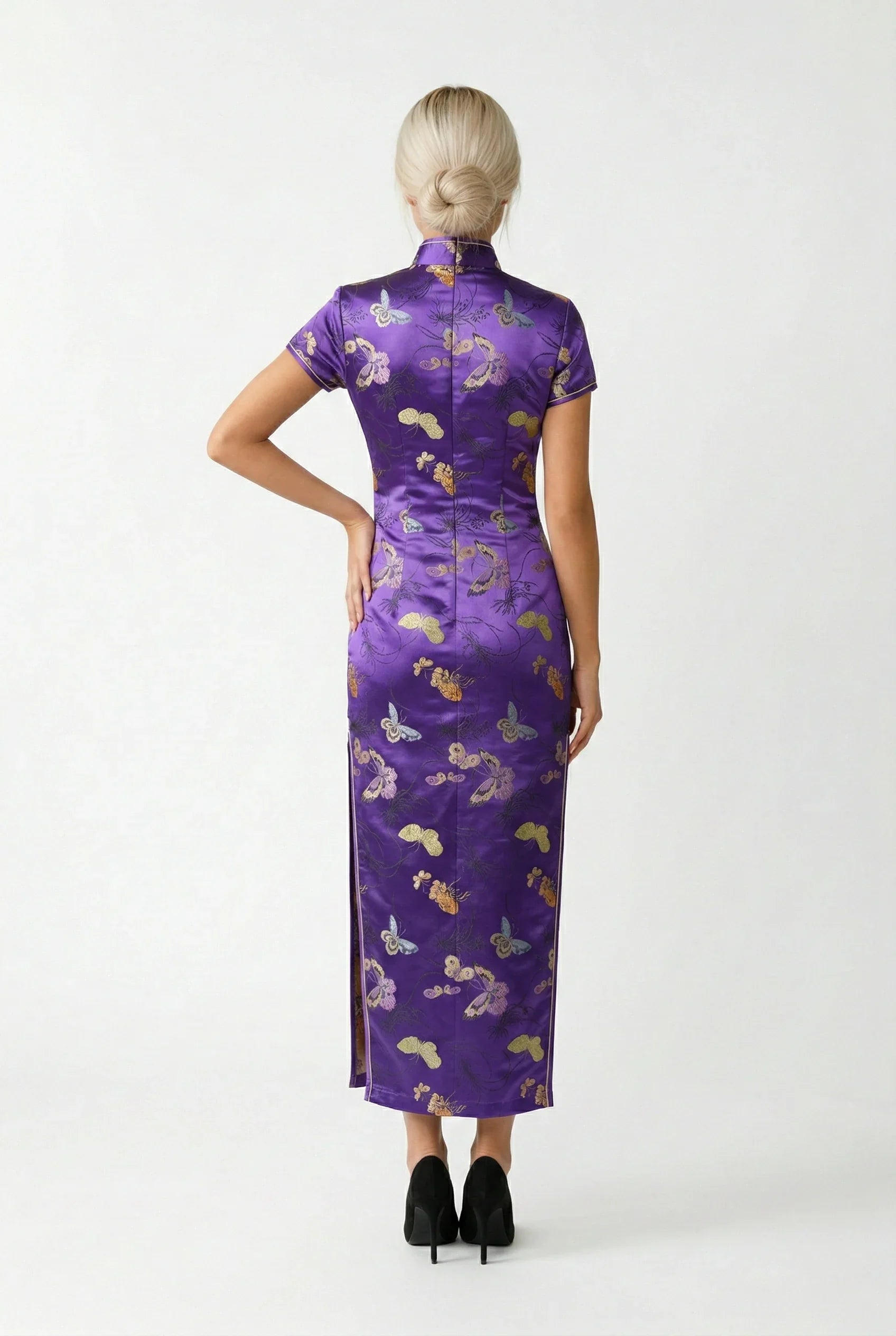 Maison Hua purple butterfly cheongsam, tailored back view
