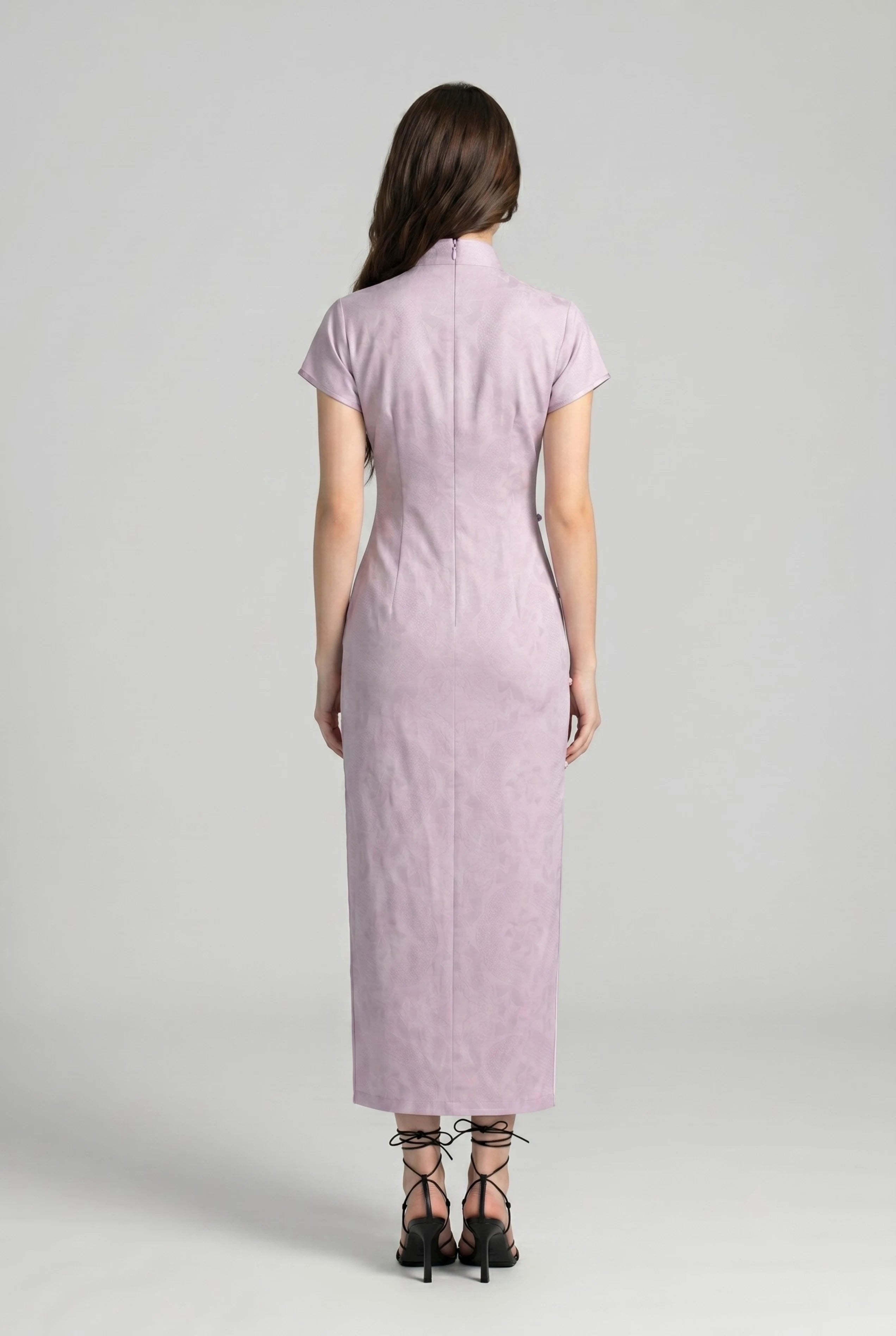 Full-length back view of the light purple Chinese style dress showing the sleek tailored midi silhouette
