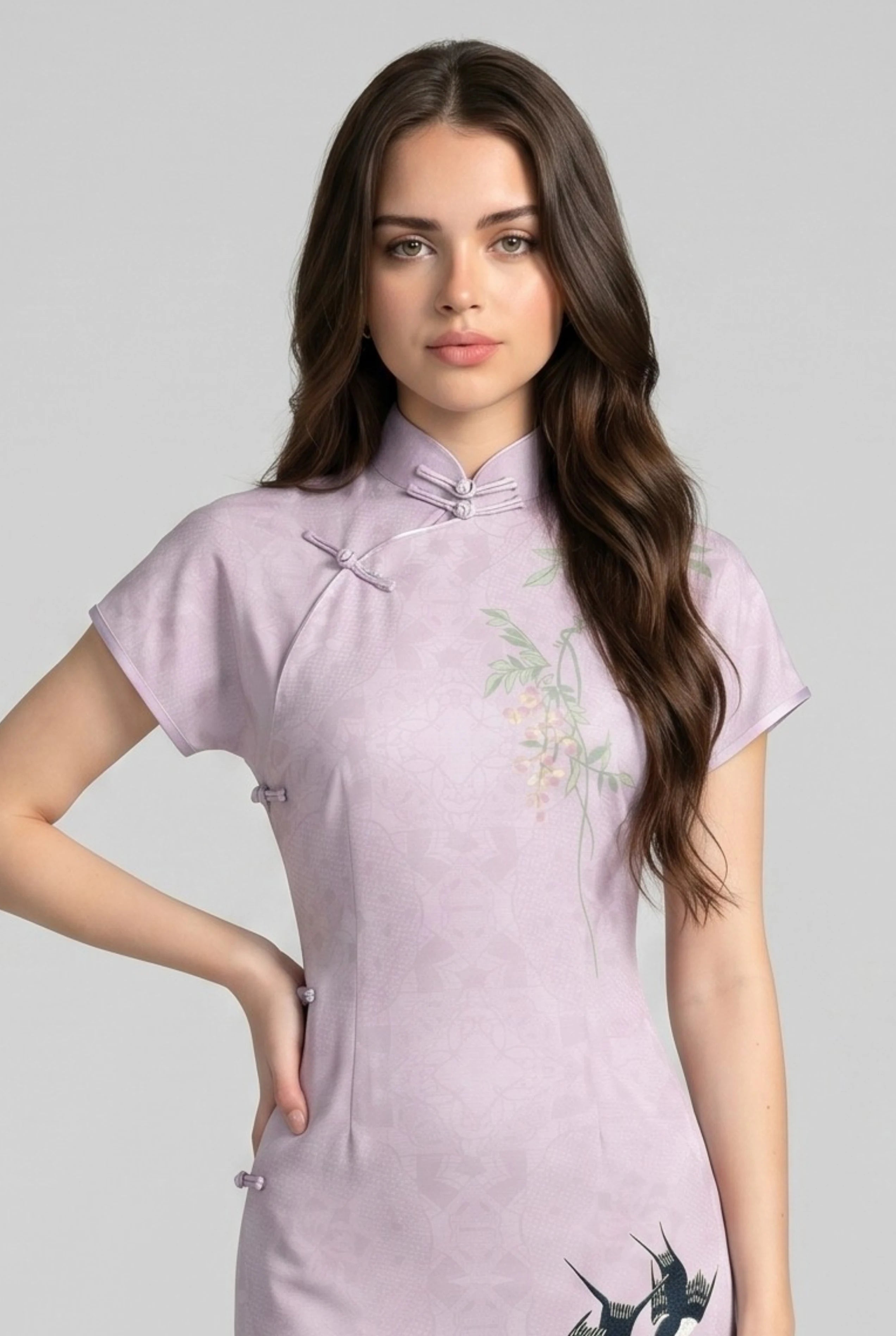 Close-up front view of the lavender bodice highlighting the mandarin collar and detailed floral and bird embroidery