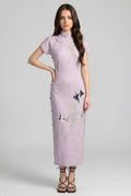 Front full-length view of a lavender purple Chinese style dress with cap sleeves, delicate bird embroidery, and black strappy heels