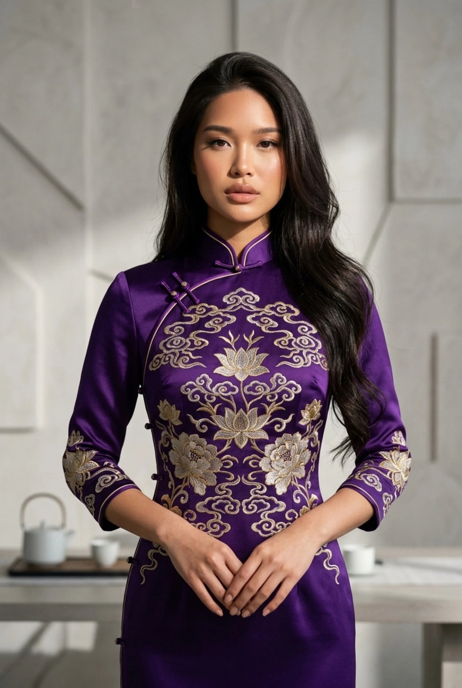Majestic purple Chinese wedding dress by Maison Hua featuring intricate gold lotus embroidery and traditional Pankou buttons, ideal for modern tea ceremonies
