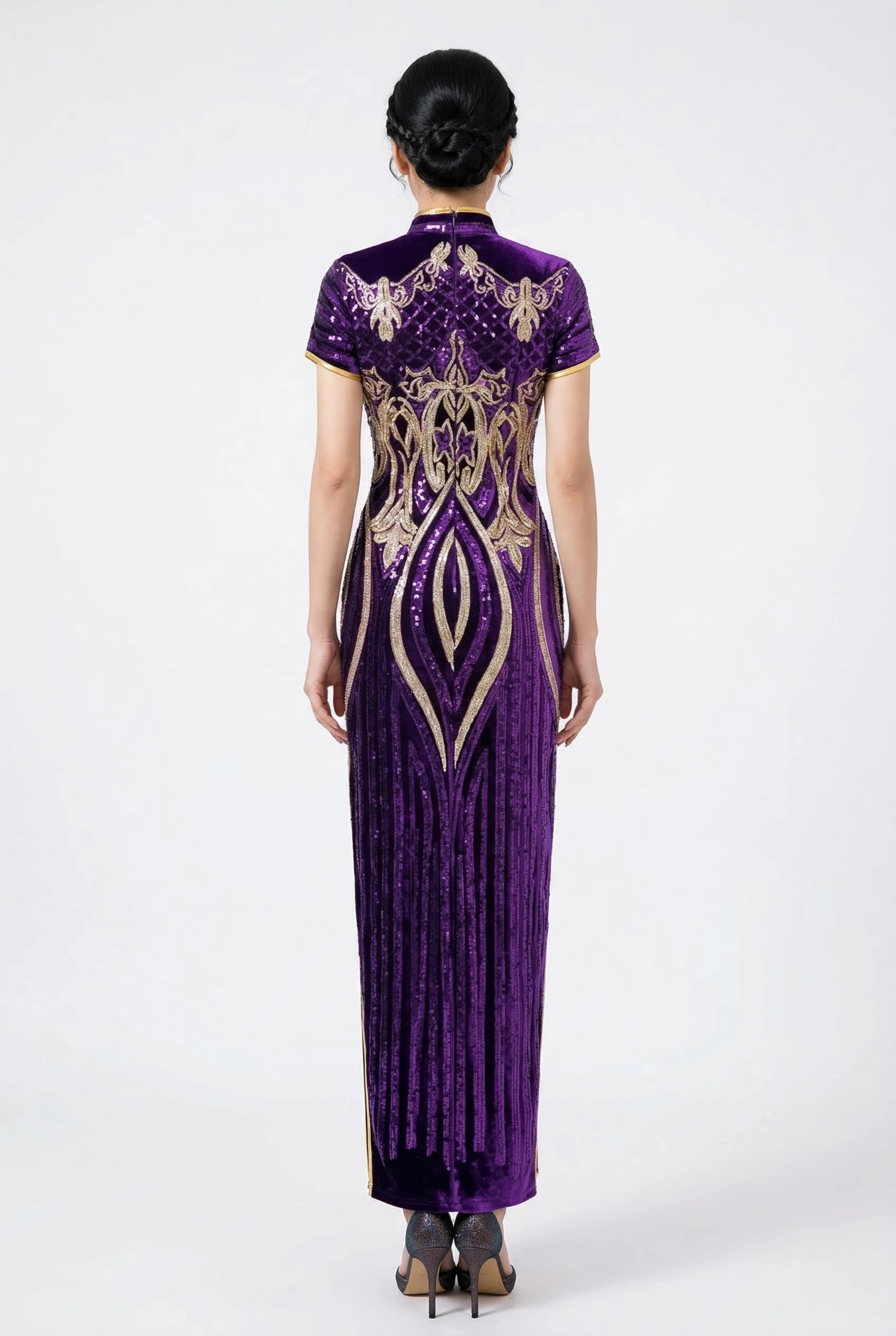 Full back view of a form-fitting long purple sequin Cheongsam with gold patterns.