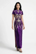 Full-length front view of a long purple sequin Qipao dress with elaborate gold embroidery.