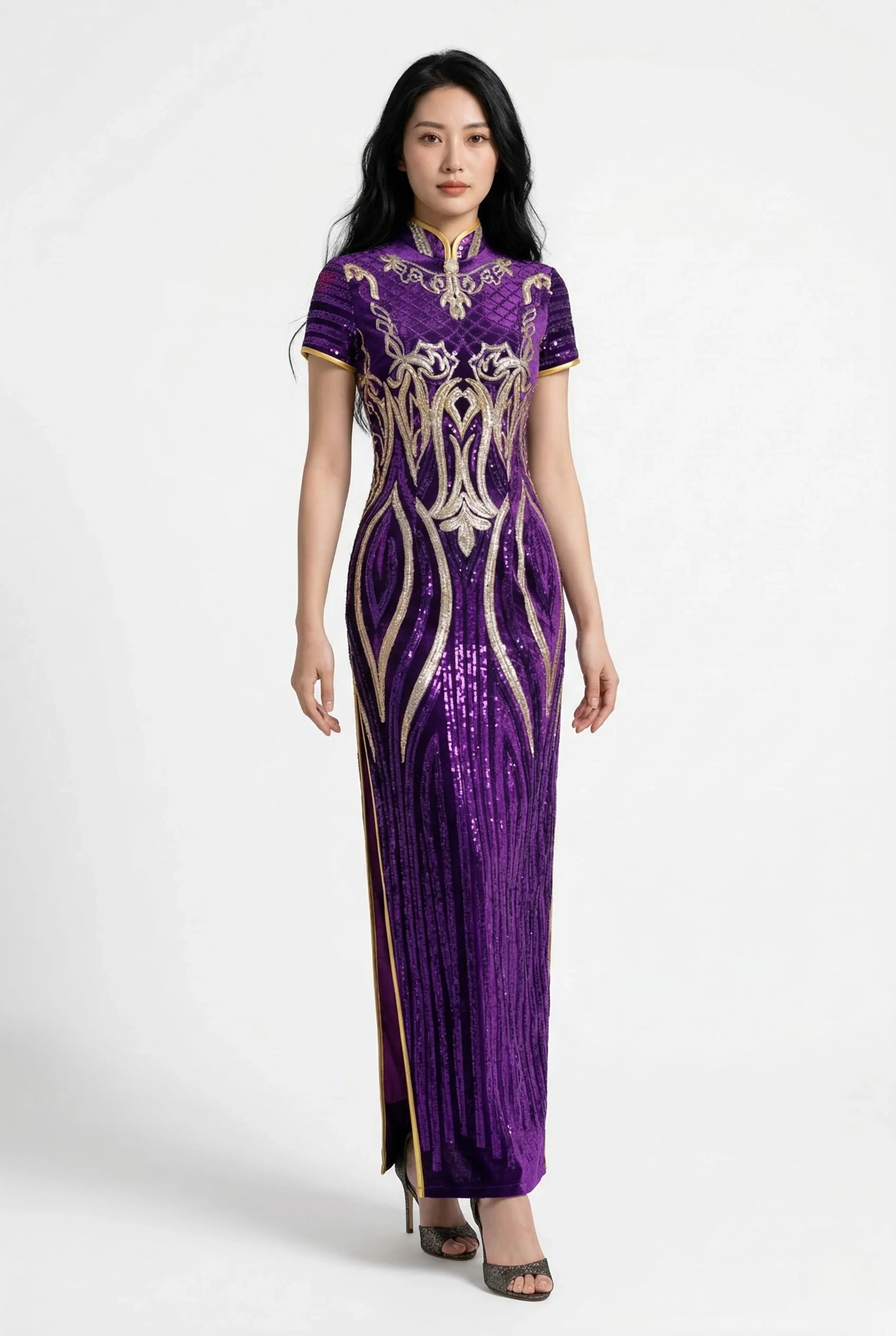 Full-length front view of a long purple sequin Qipao dress with elaborate gold embroidery.