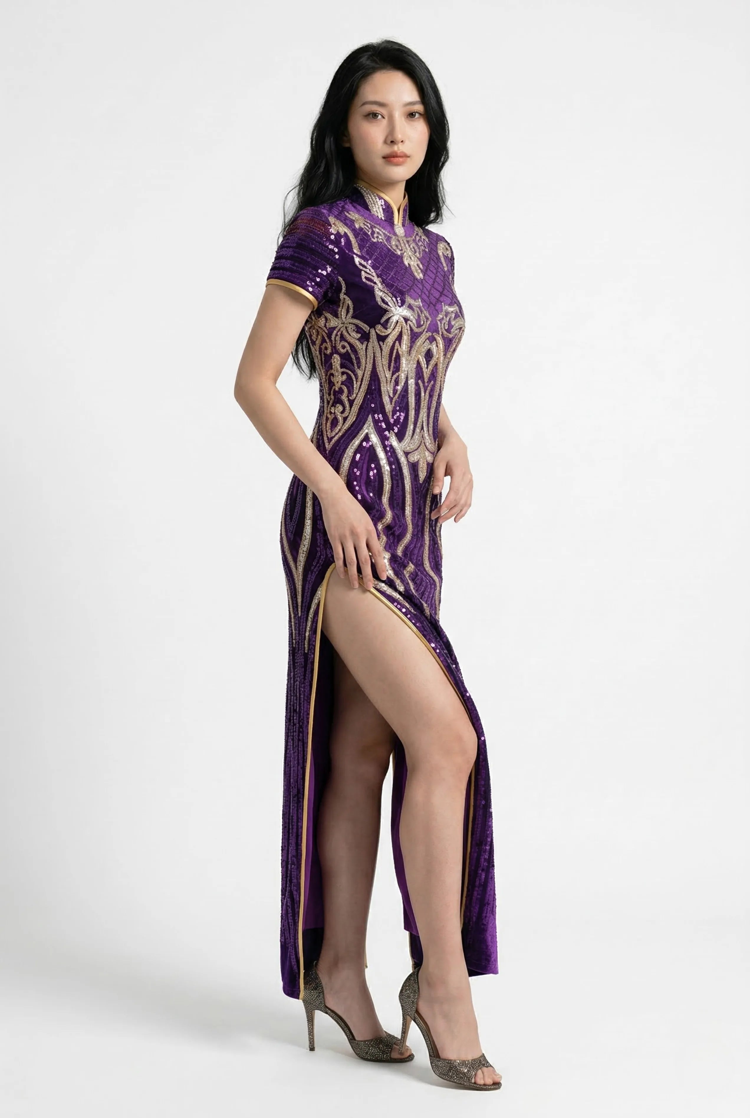 Side profile of a purple sequin Qipao dress highlighting the high side slit.