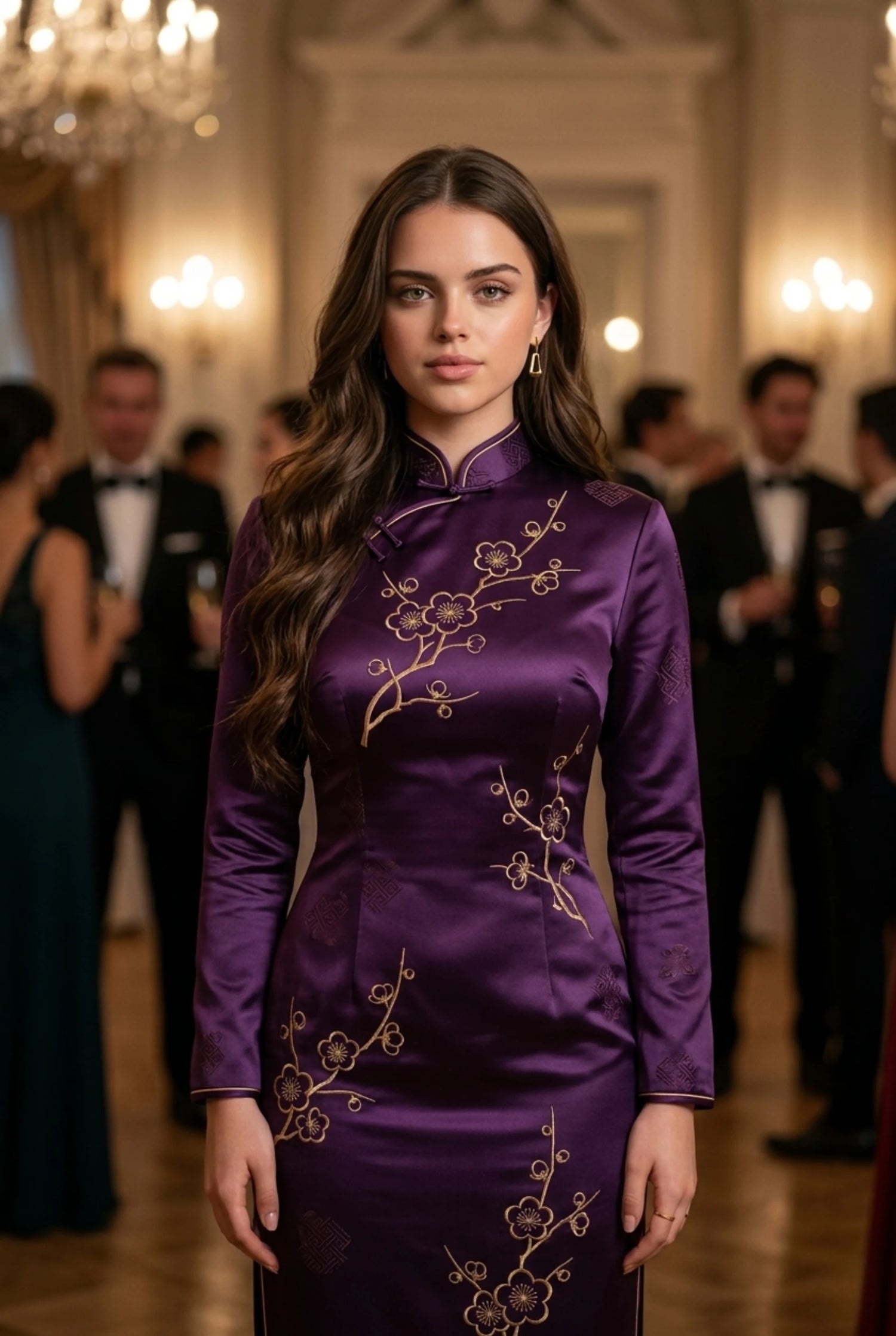 Elegant deep purple Chinese dress with long sleeves and gold plum blossom embroidery by Maison Hua, styled for a formal evening reception with a reinforced structural fit