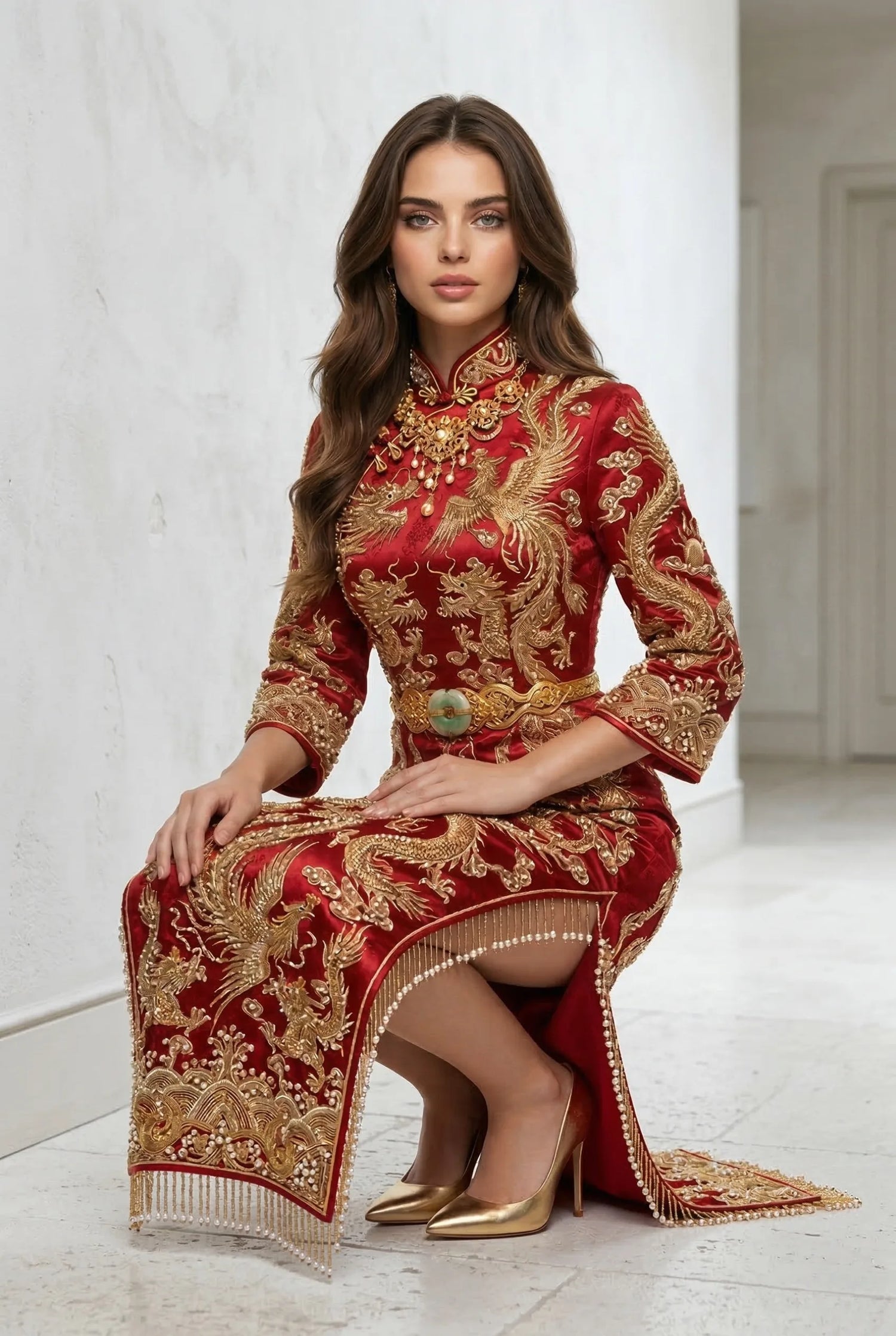 Traditional red Chinese New Year Qipao with intricate gold phoenix embroidery and fringe detail, demonstrating high-density textile structure for lunar celebrations by Maison Hua