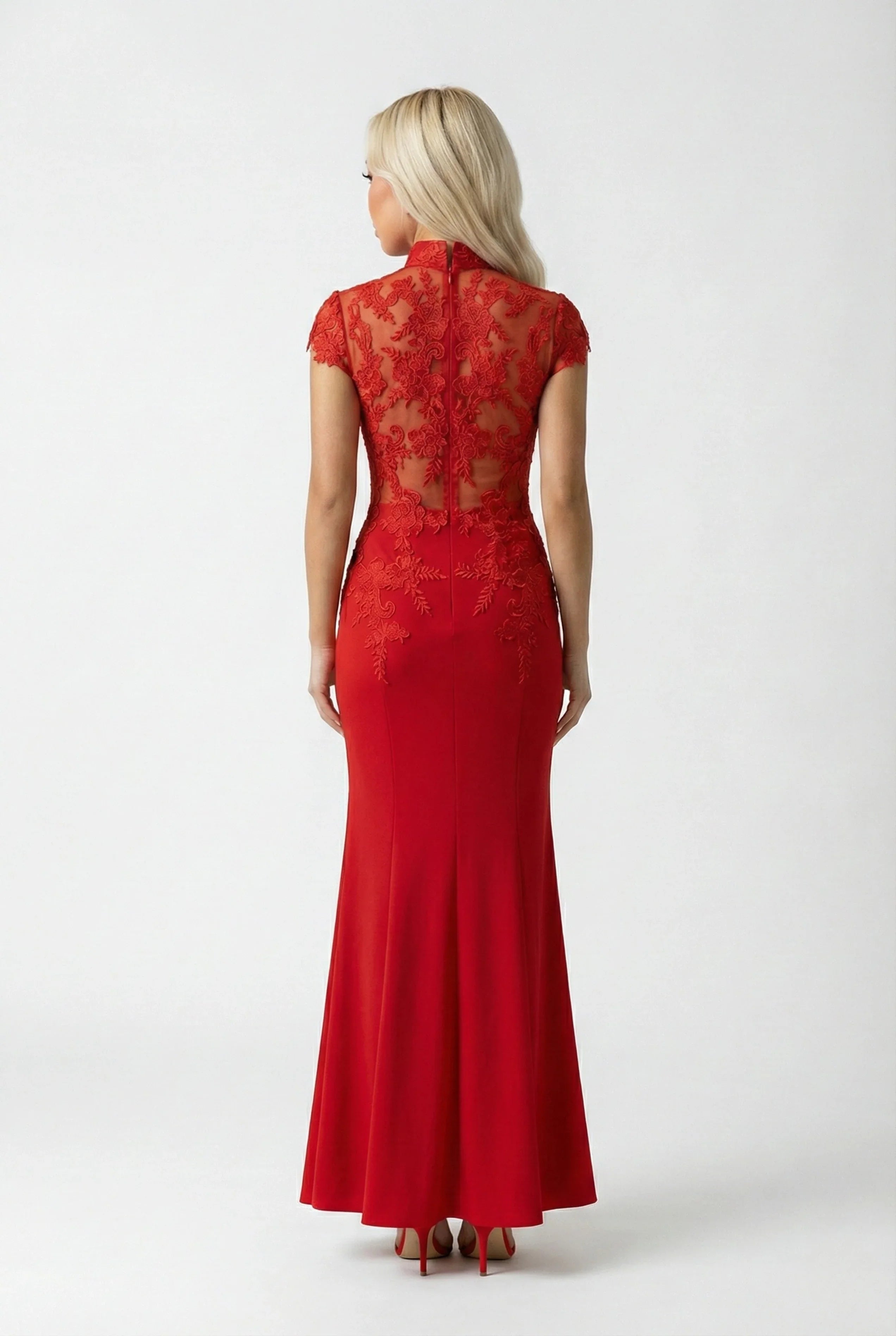 Full-length back profile of a red lace cheongsam