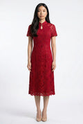 Maison Hua modern red lace qipao with floral embroidery, front view.