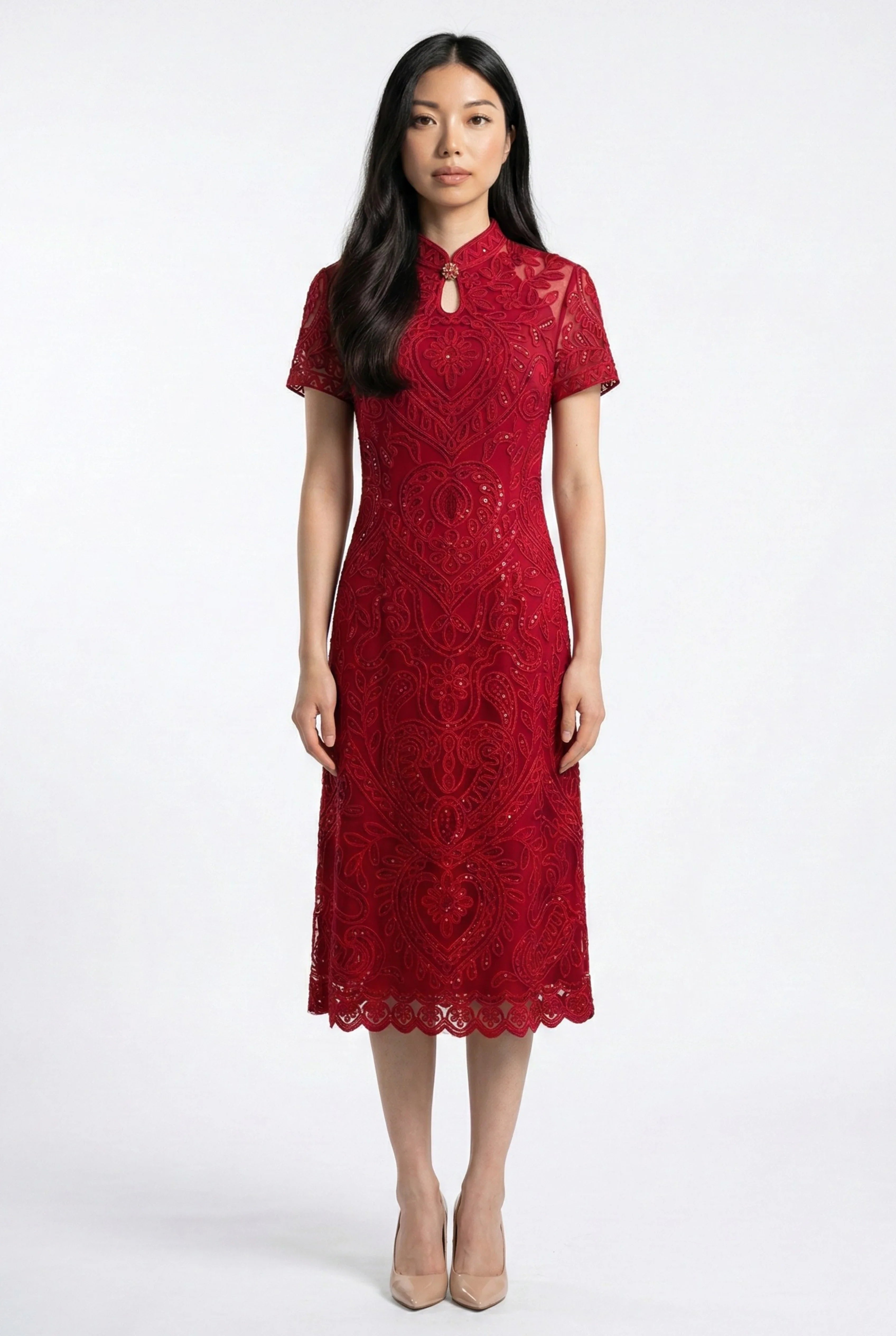 Maison Hua modern red lace qipao with floral embroidery, front view.