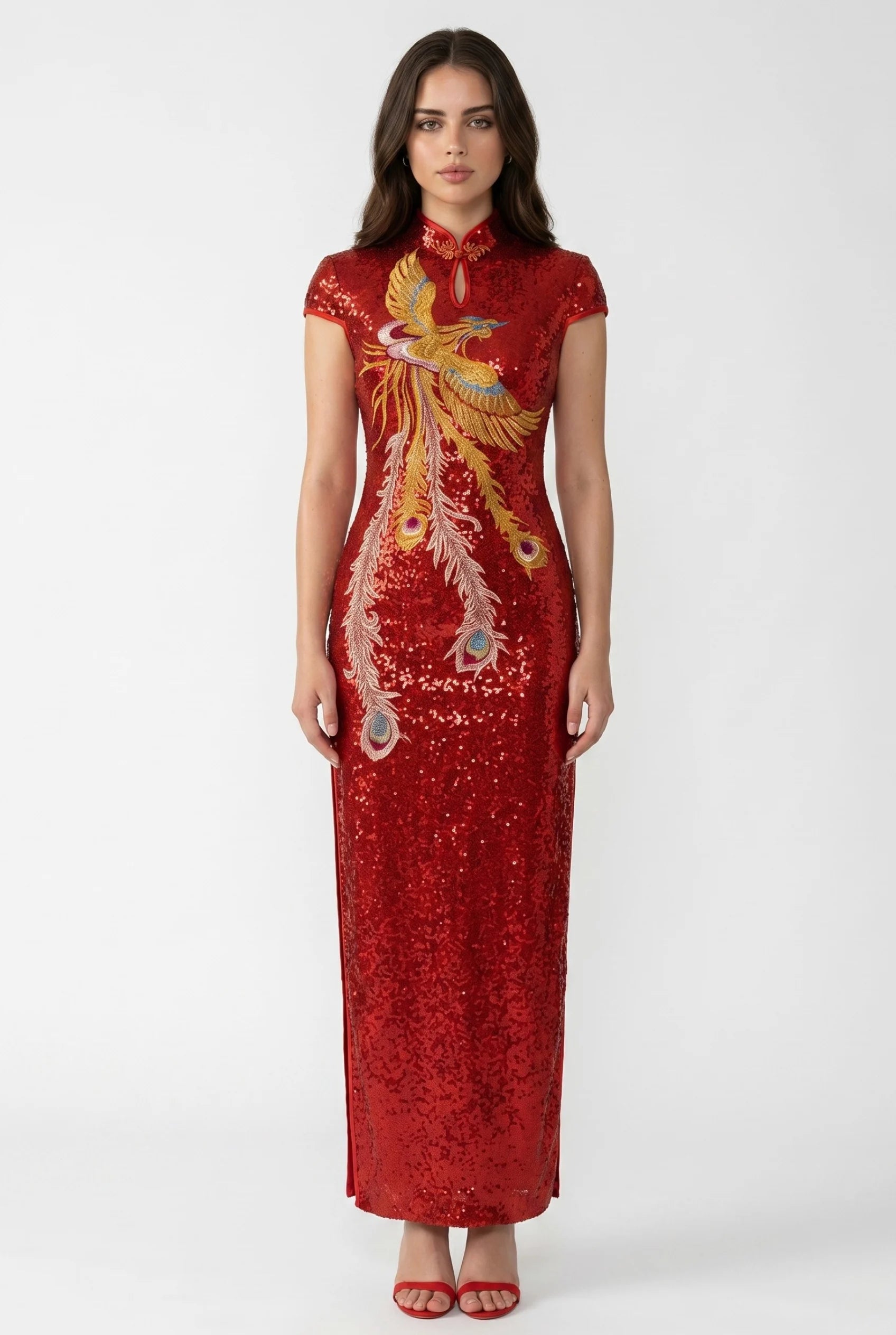 Front view of a full-length red sequin cheongsam qipao featuring a large embroidered gold phoenix.