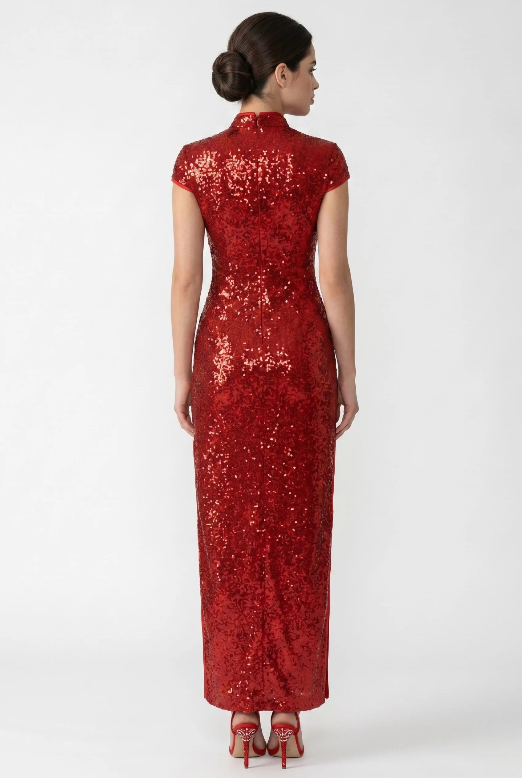 Back view of the ankle-length red sequin qipao dress showing the form-fitting design
