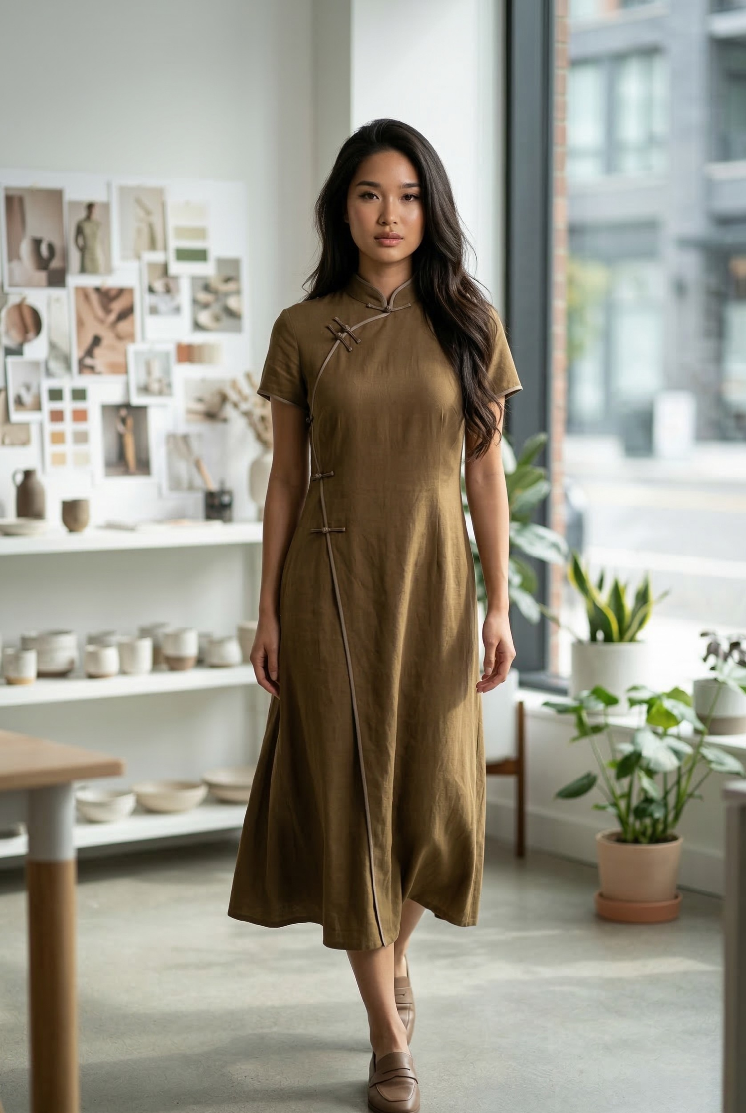 Modern olive green Chinese dress with an A-line skirt and relaxed waist, providing an inclusive alternative to the traditional body-con fit