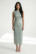Full-length front view of an elegant sage blue sleeveless Qipao dress with delicate gold leaf patterns and a mandarin collar.