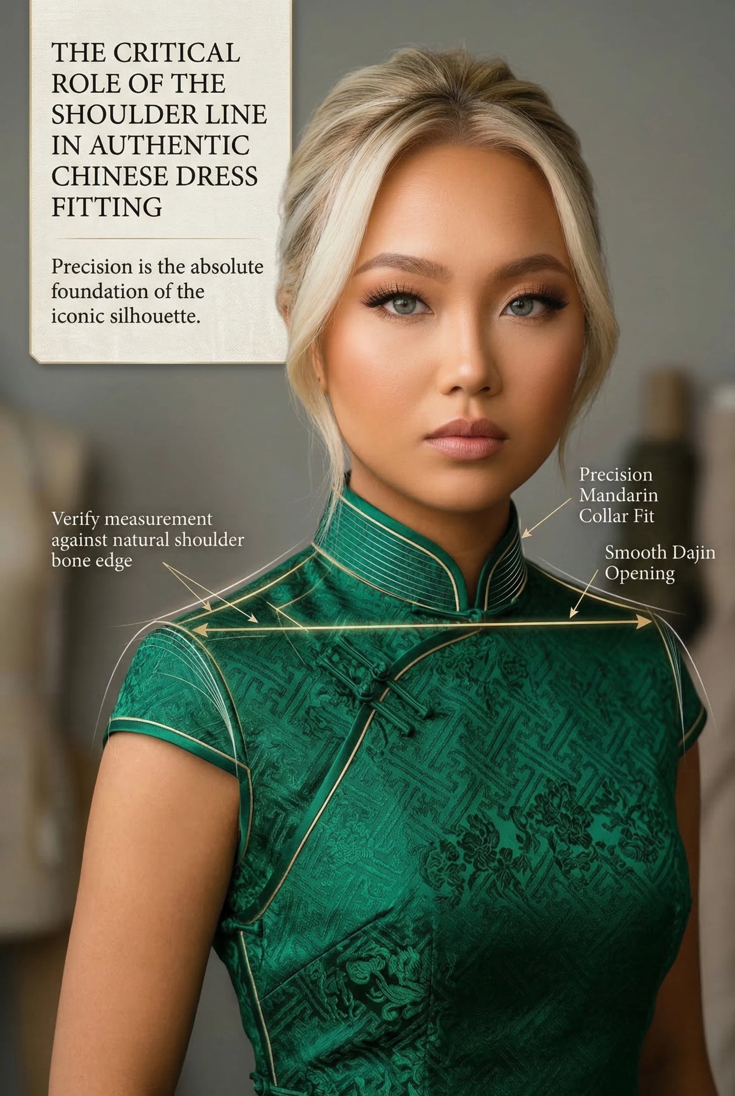 Technical diagram of a green Chinese qipao dress illustrating the critical shoulder line fitting and Mandarin collar precision