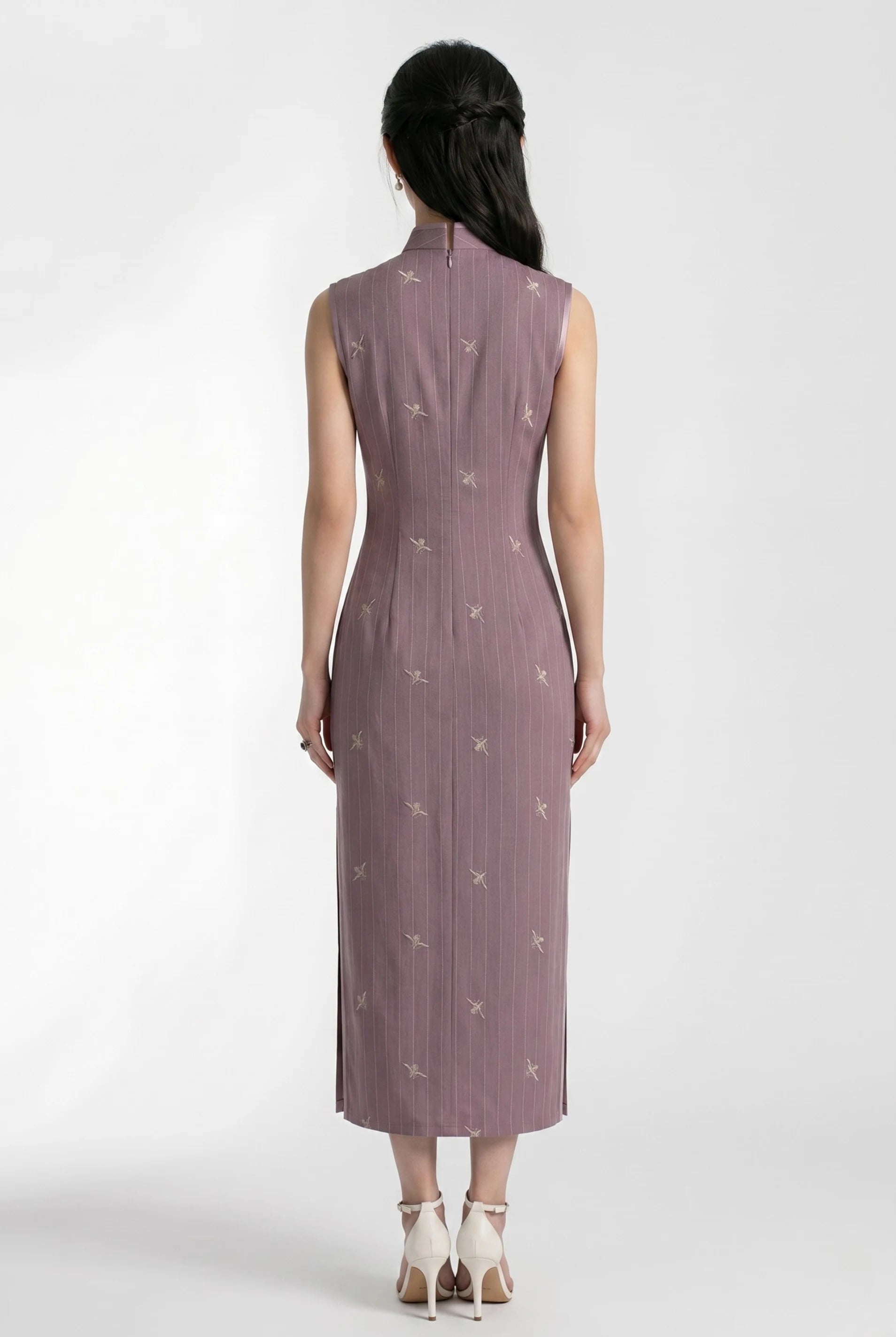 Back view of the sleeveless Chinese style purple dress showing the tailored ankle-length fit.