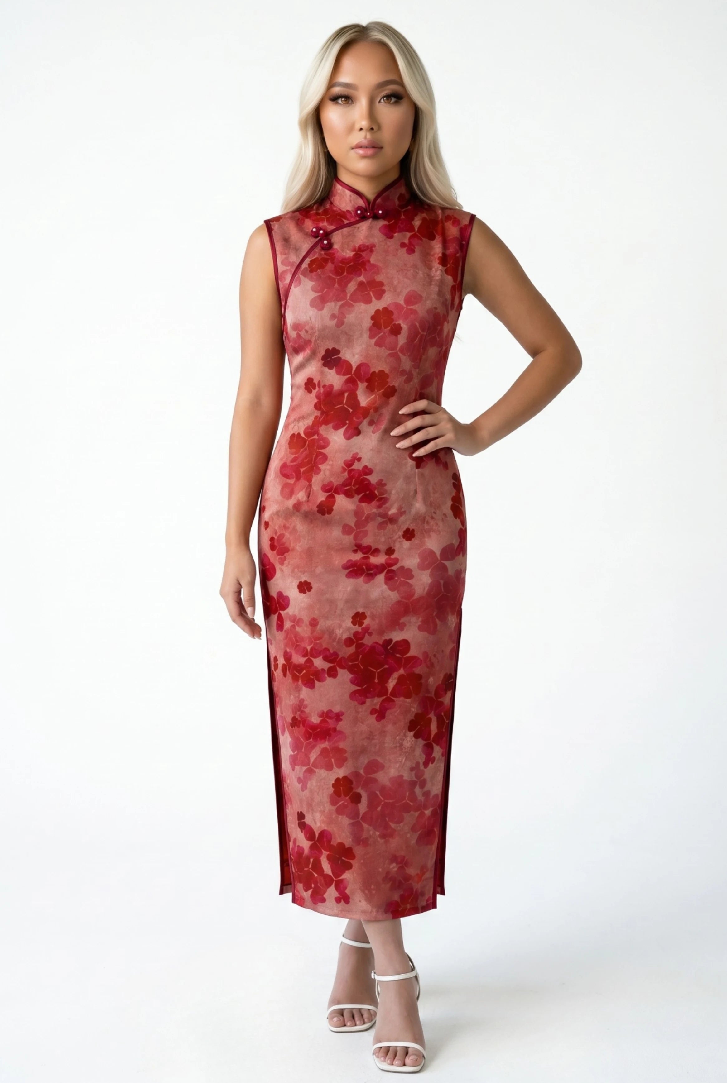 Front view of a sleeveless red floral Chinese dress with a slim fit.