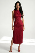 Front full-length view of a sleeveless red qipao dress with red high heels