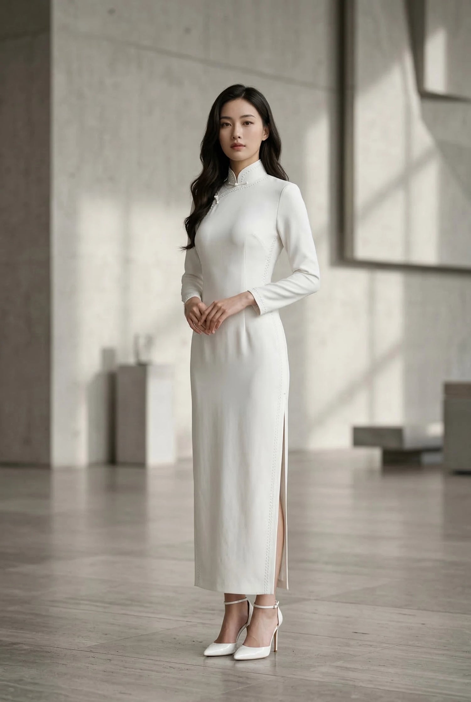 Minimalist white qipao top with a Mandarin collar and relaxed fit, styled for professional or semi-formal daily wear by Maison Hua