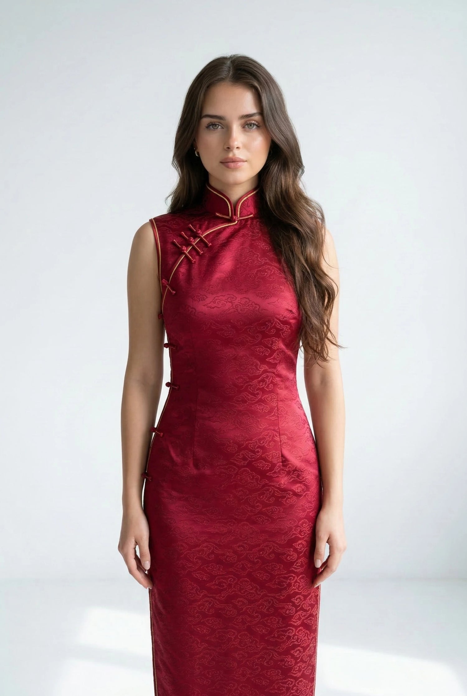 Red silk qipao featuring a high Mandarin collar, Pankou buttons, and traditional Dajin asymmetrical opening