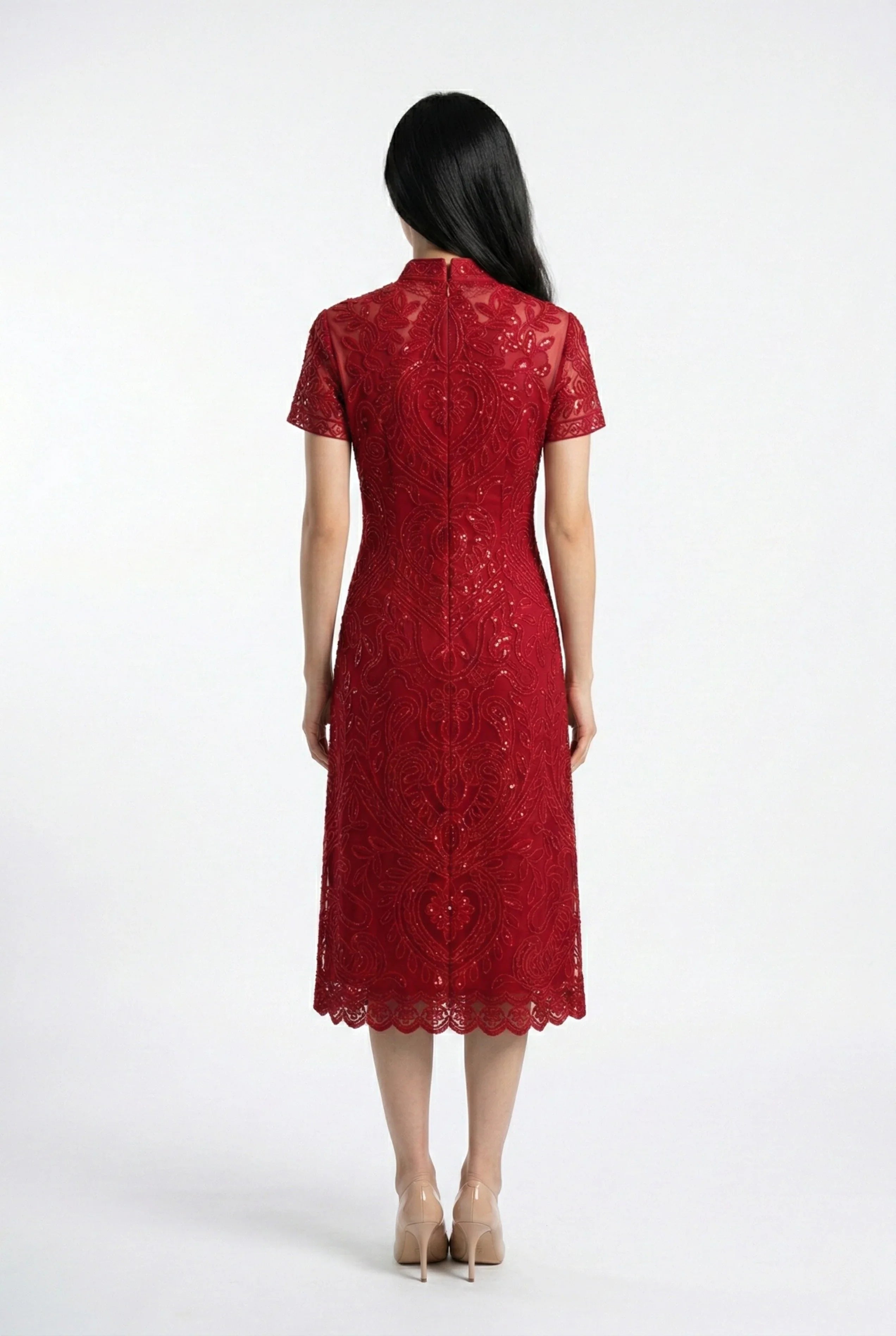Maison Hua red lace cheongsam, tailored back view showing midi silhouette