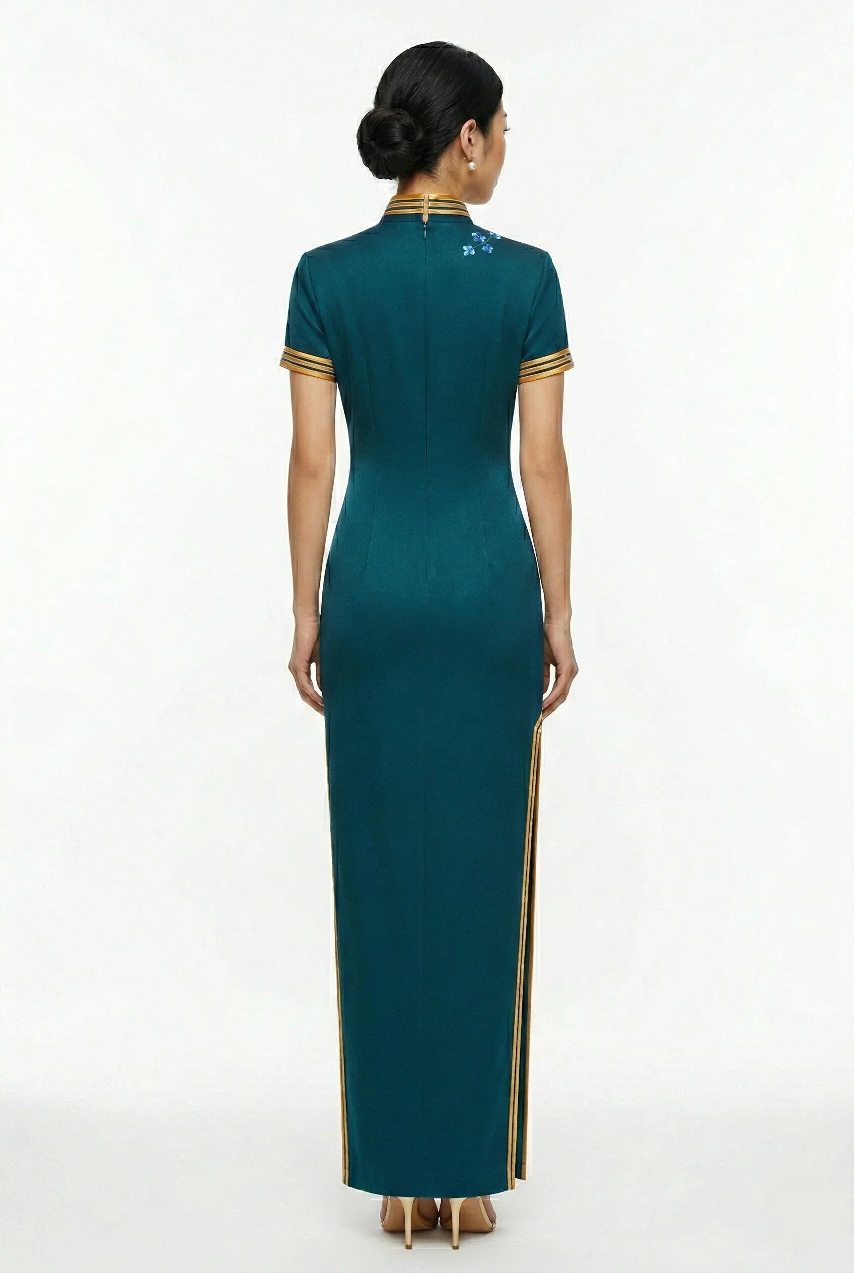 Fitted teal cheongsam with yellow trim, full back view