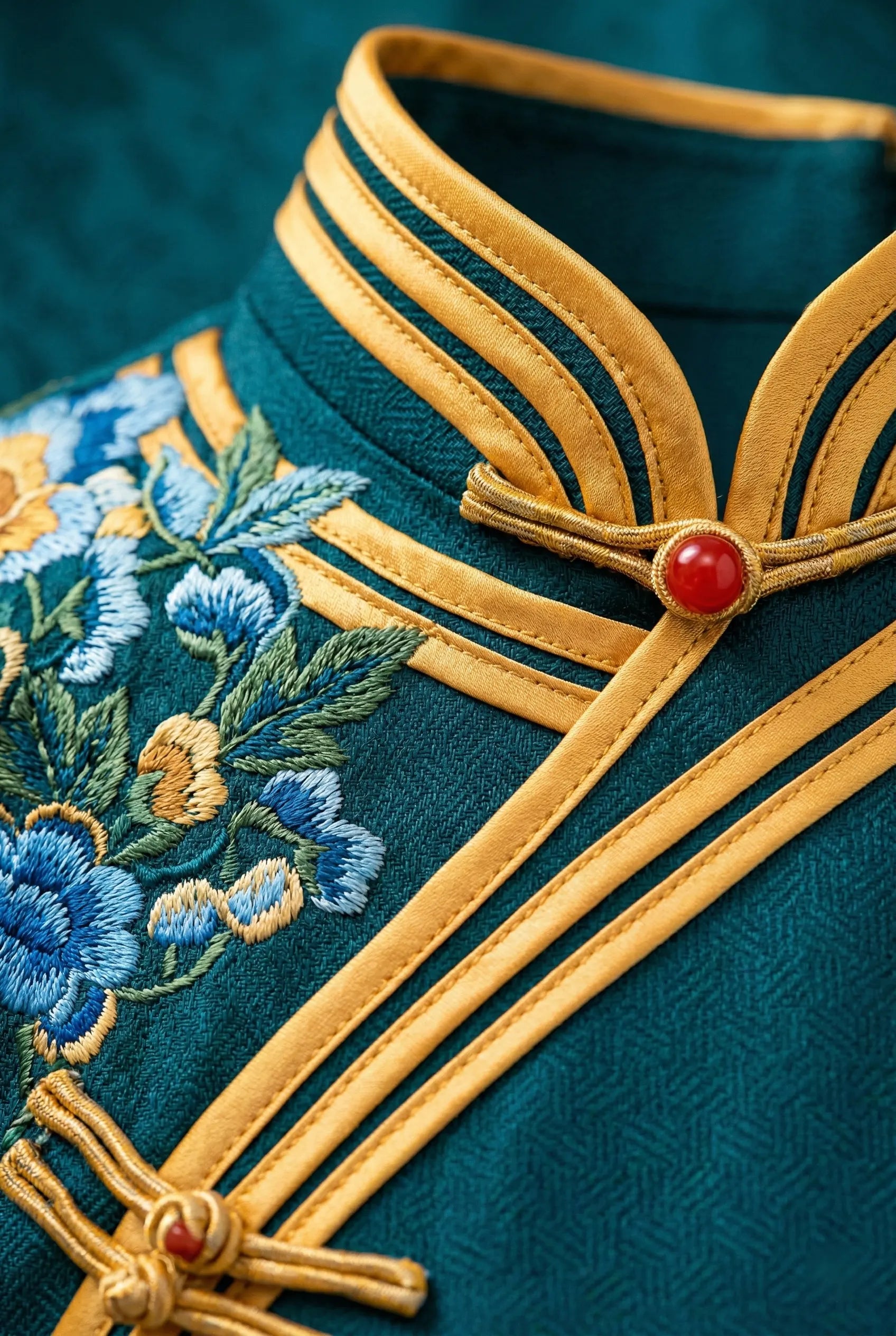 Detail of mandarin collar and floral embroidery on a teal qipao