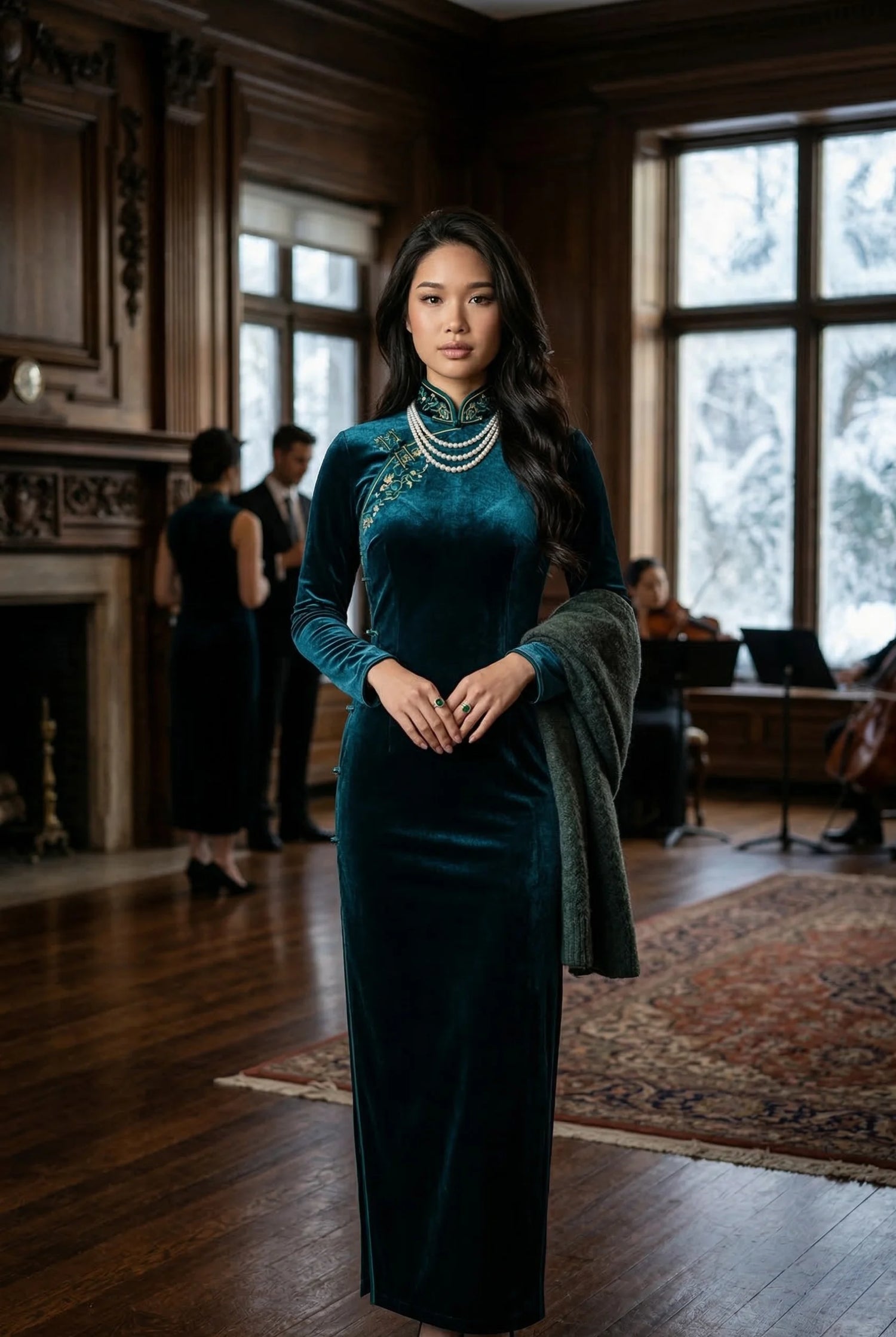 Elegant teal velvet long-sleeved qipao by Maison Hua, featuring gold floral embroidery and a pearl necklace, designed with reinforced internal structures for formal winter ceremonies